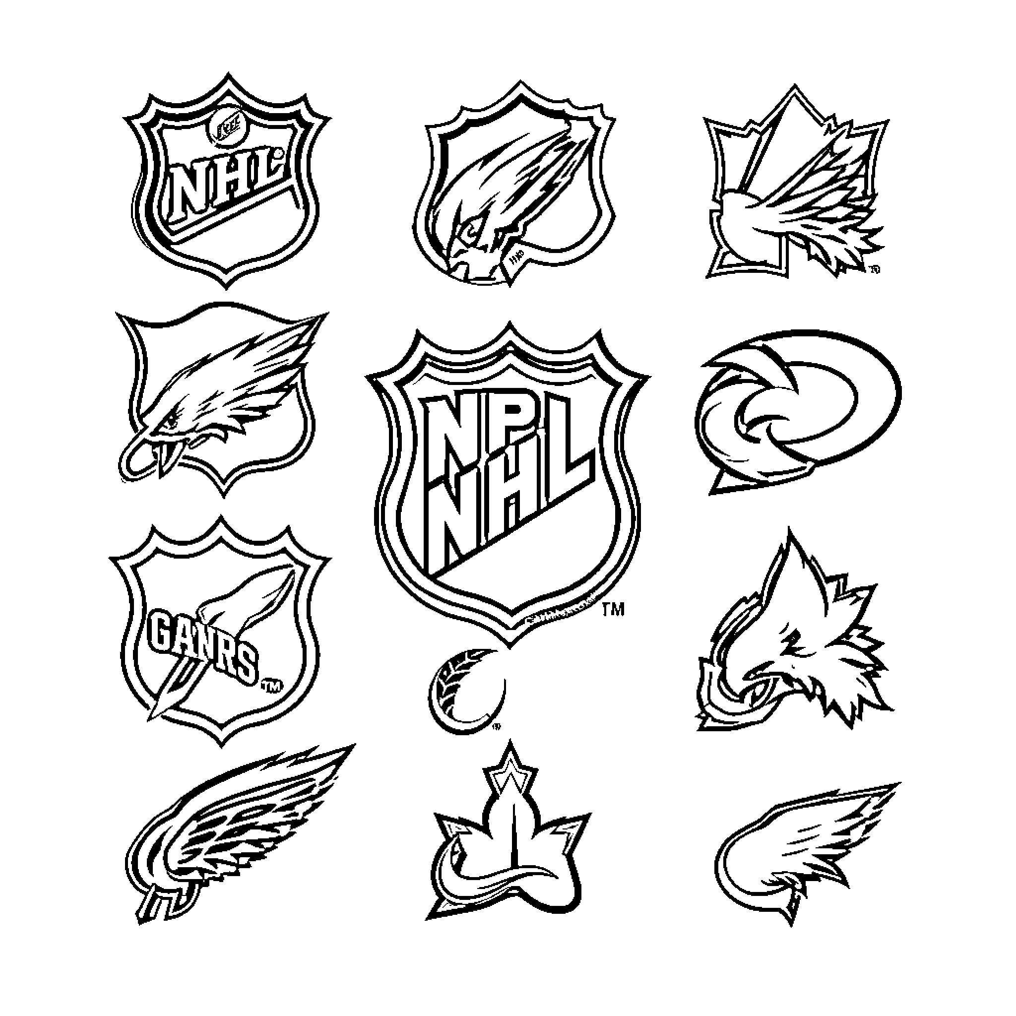 NHL Logo Designs with Various Shapes and Symbols Coloring Page (free black-and-white line drawing printable PDF for all, from beginners to advanced learners, including children, teens, adults, and seniors)