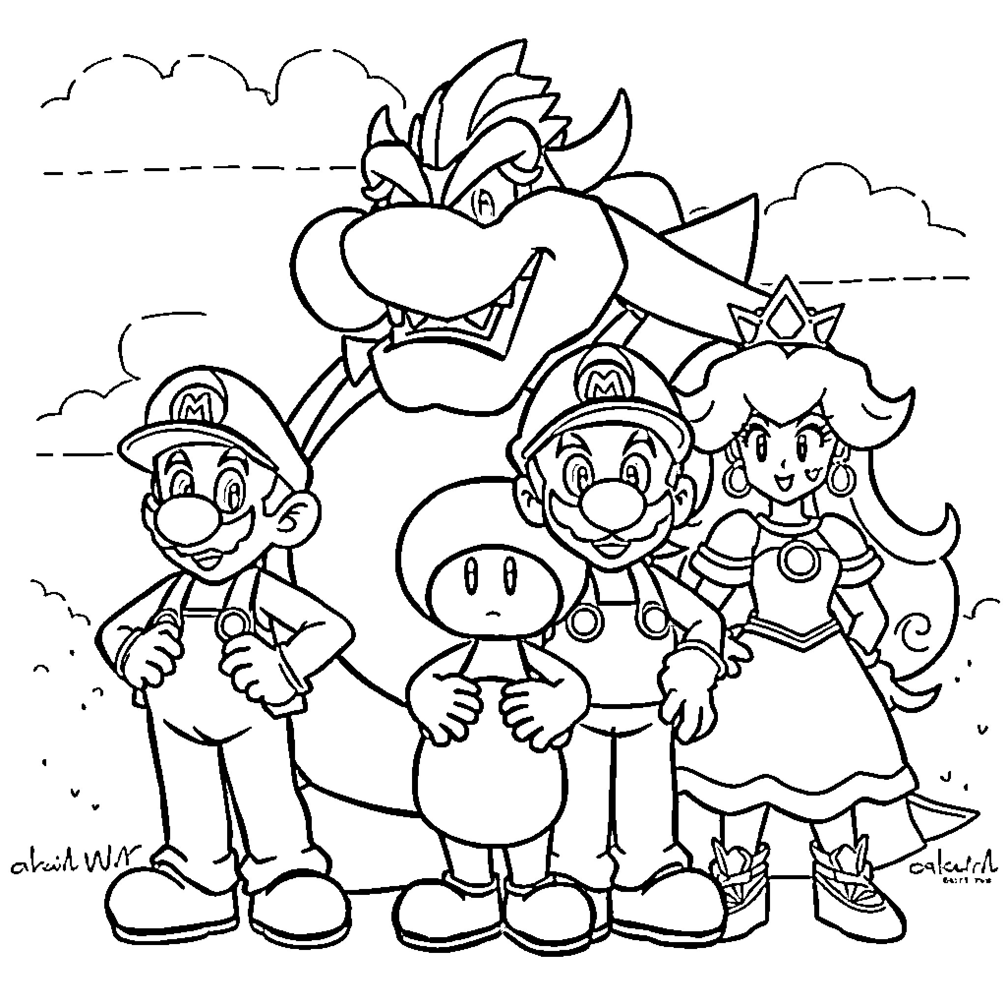 Mario and Friends in Colorful Adventure Coloring Page (free black-and-white line drawing printable PDF for all, from beginners to advanced learners, including children, teens, adults, and seniors)