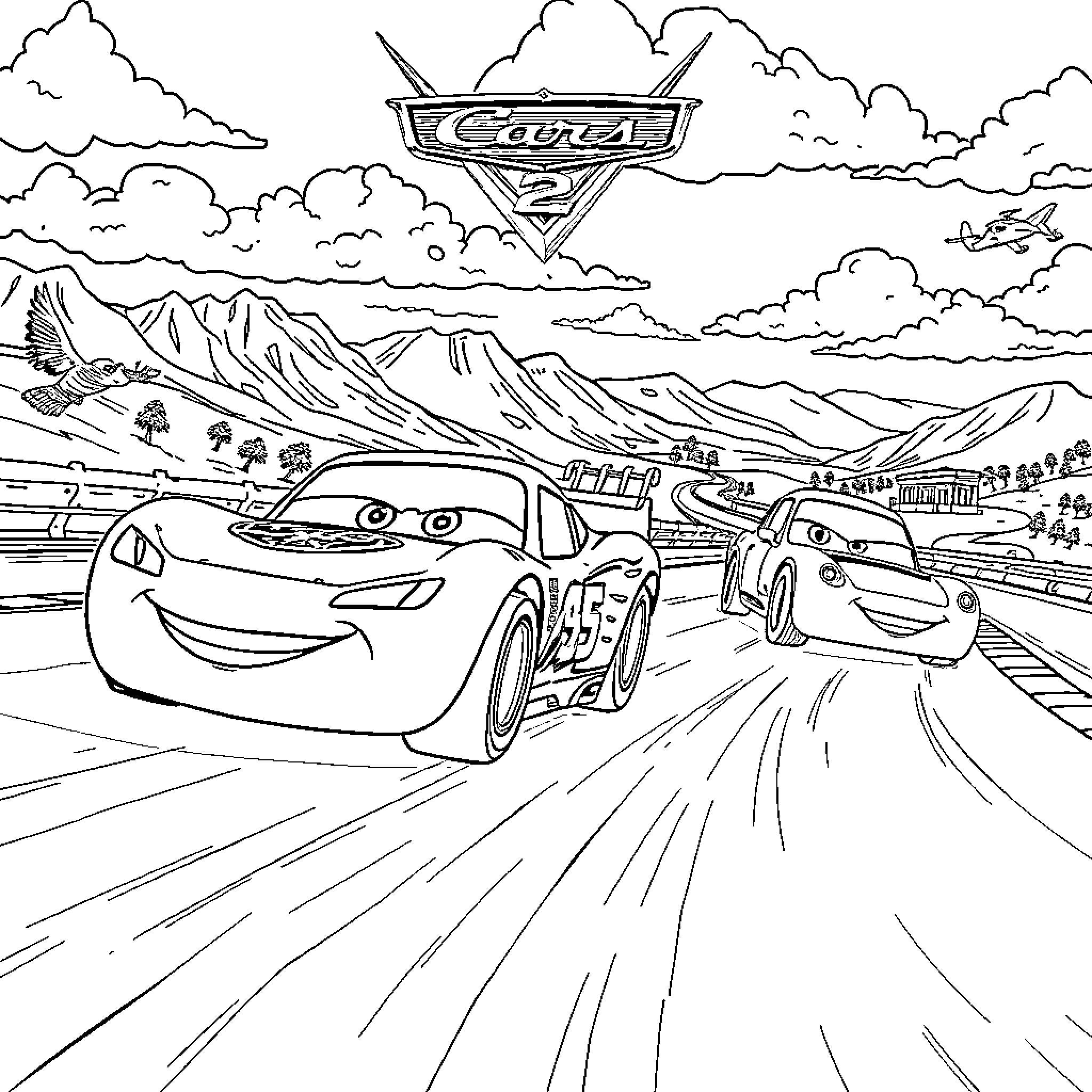 Car characters racing on a winding road Coloring Page (free black-and-white line drawing printable PDF for all, from beginners to advanced learners, including children, teens, adults, and seniors)