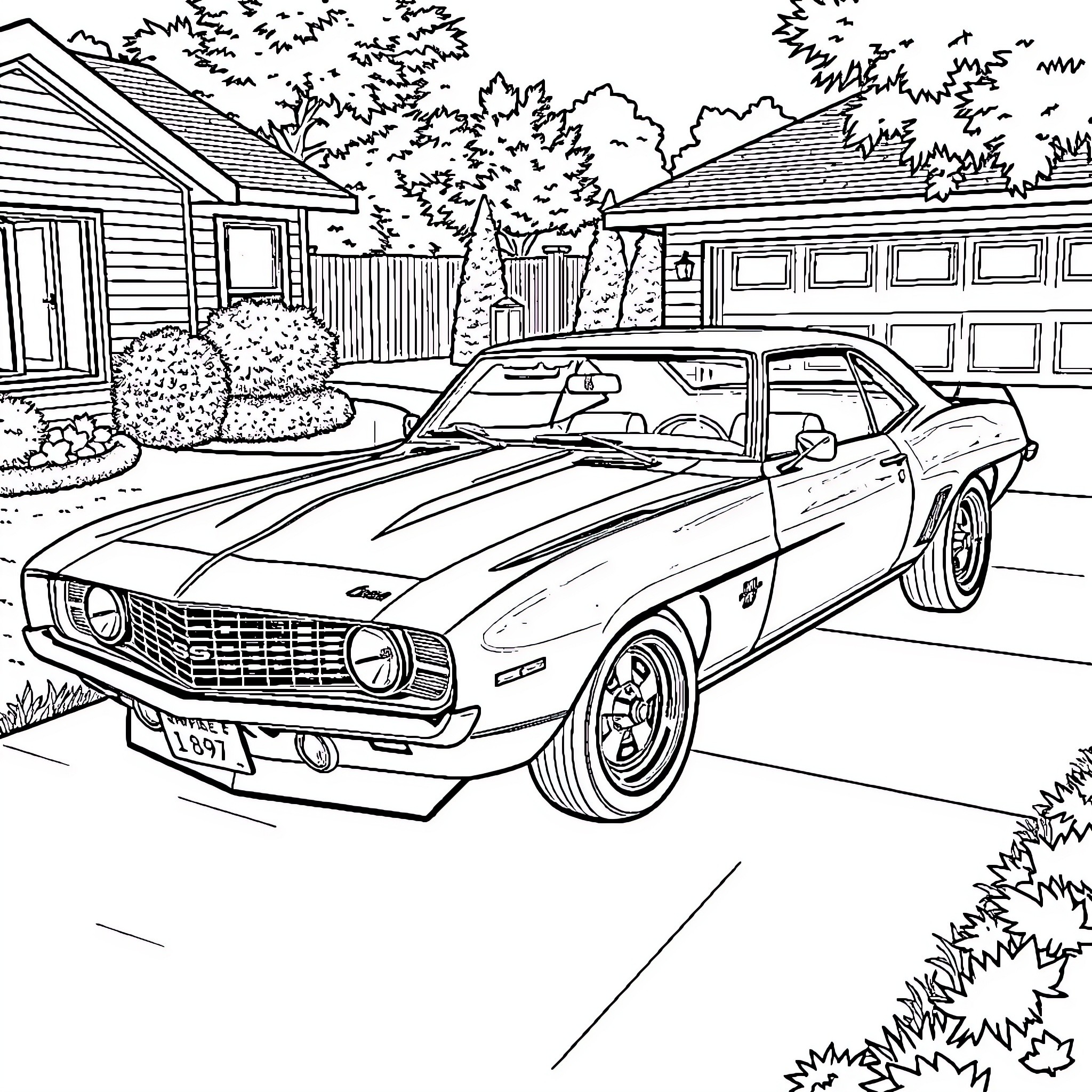 Camaro sports car parked in front of suburban home Coloring Page (free black-and-white line drawing printable PDF for all, from beginners to advanced learners, including children, teens, adults, and seniors)