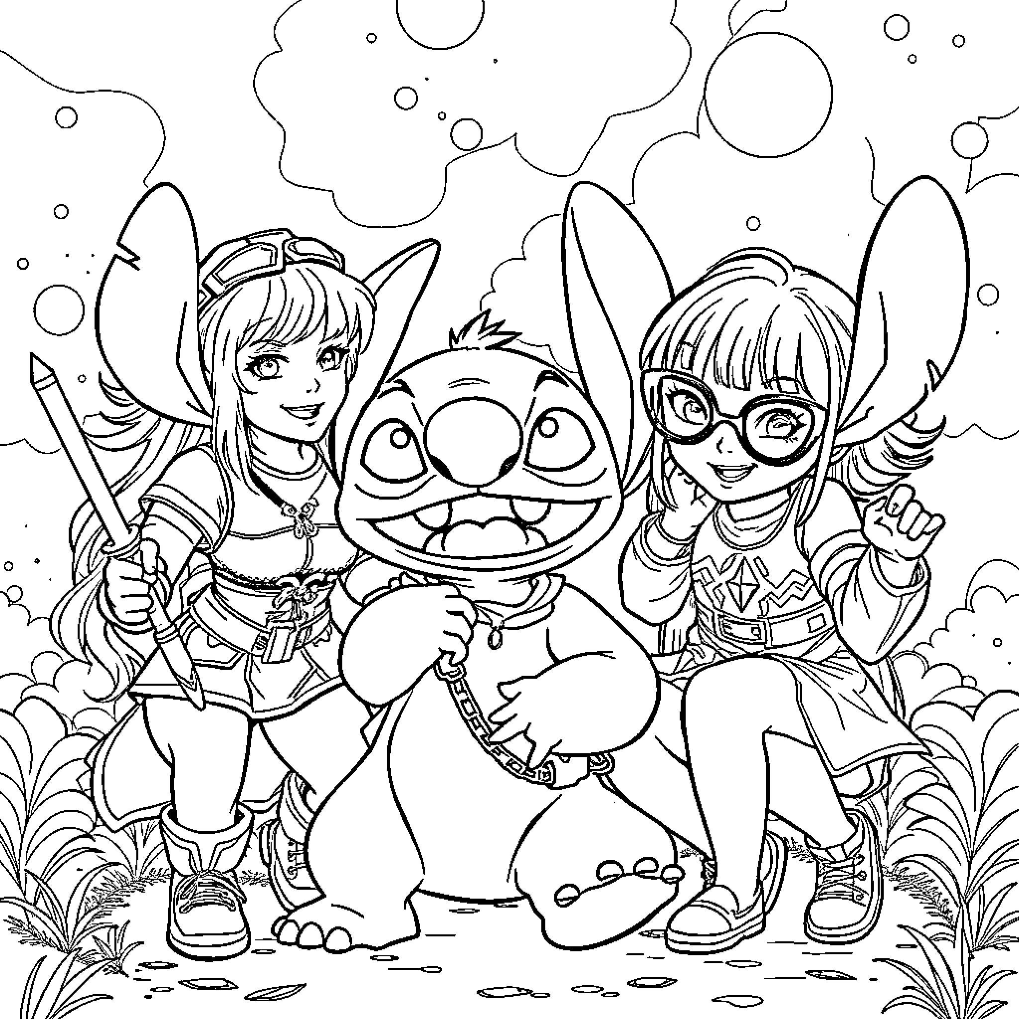 K Pop Warrior Friends on Magical Adventure Coloring Page (free black-and-white line drawing printable PDF for all, from beginners to advanced learners, including children, teens, adults, and seniors)
