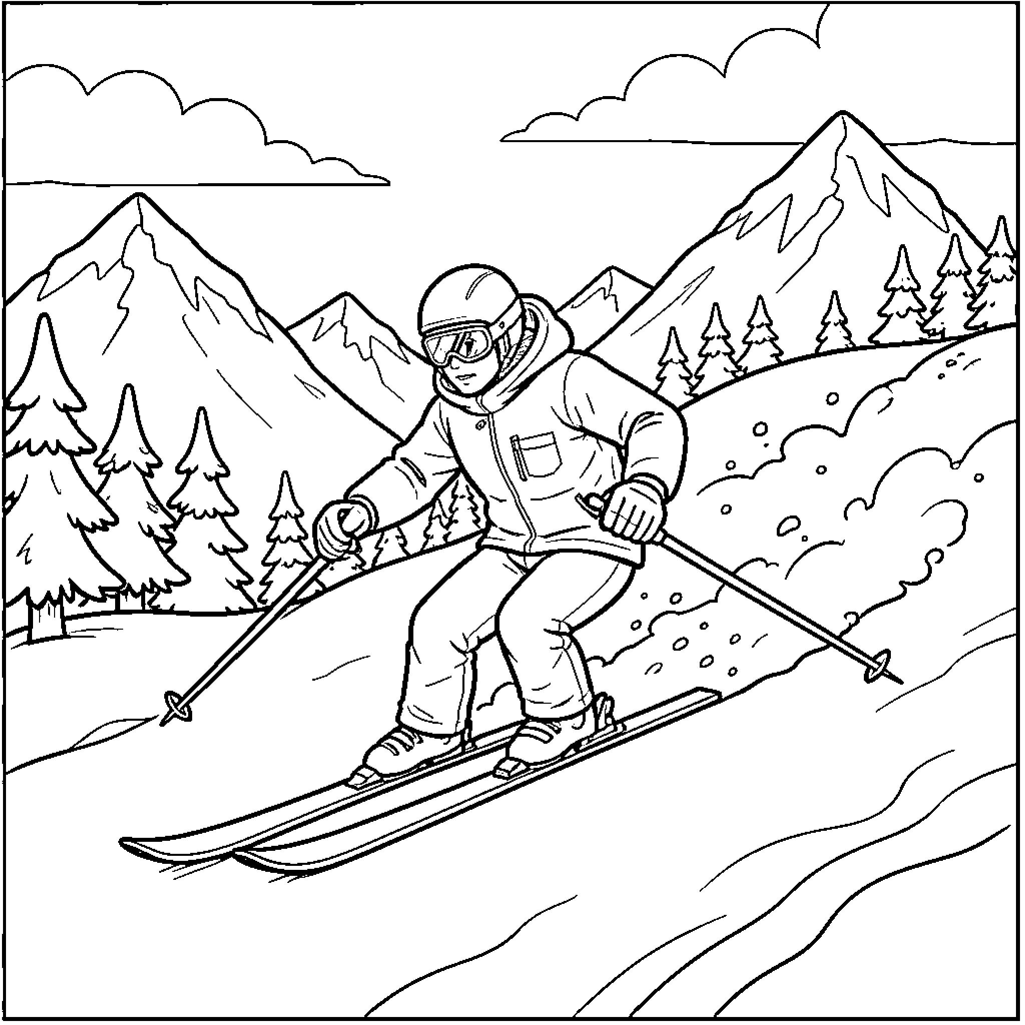 Jinu skiing down a snowy mountain slope Coloring Page (free black-and-white line drawing printable PDF for all, from beginners to advanced learners, including children, teens, adults, and seniors)