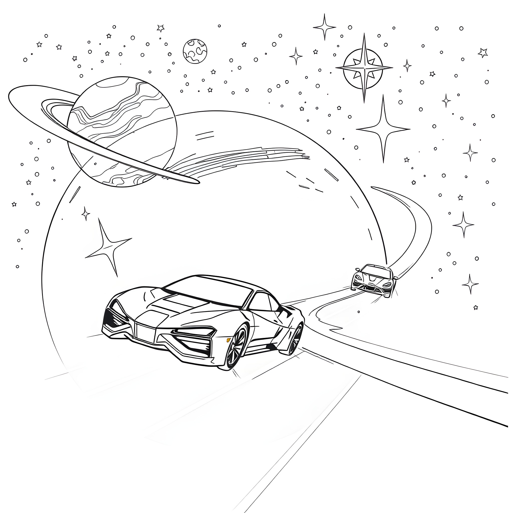 Car Racing Through Cosmic Landscape Coloring Page (free black-and-white line drawing printable PDF for all, from beginners to advanced learners, including children, teens, adults, and seniors)