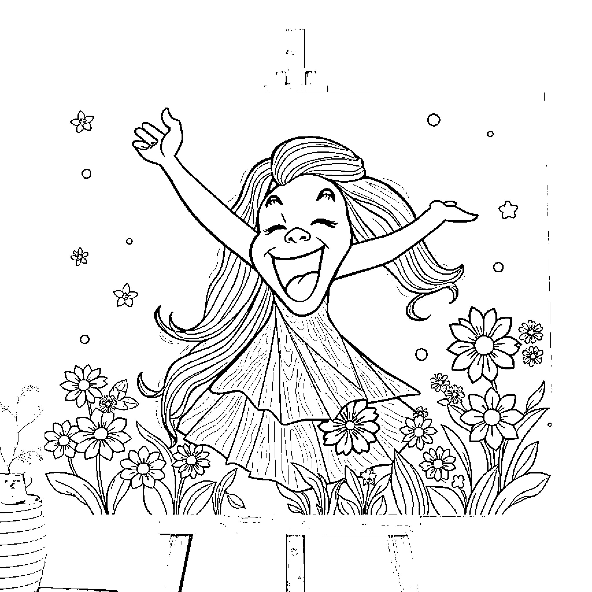Galleta's joyful dance amongst the flowers Coloring Page (free black-and-white line drawing printable PDF for all, from beginners to advanced learners, including children, teens, adults, and seniors)