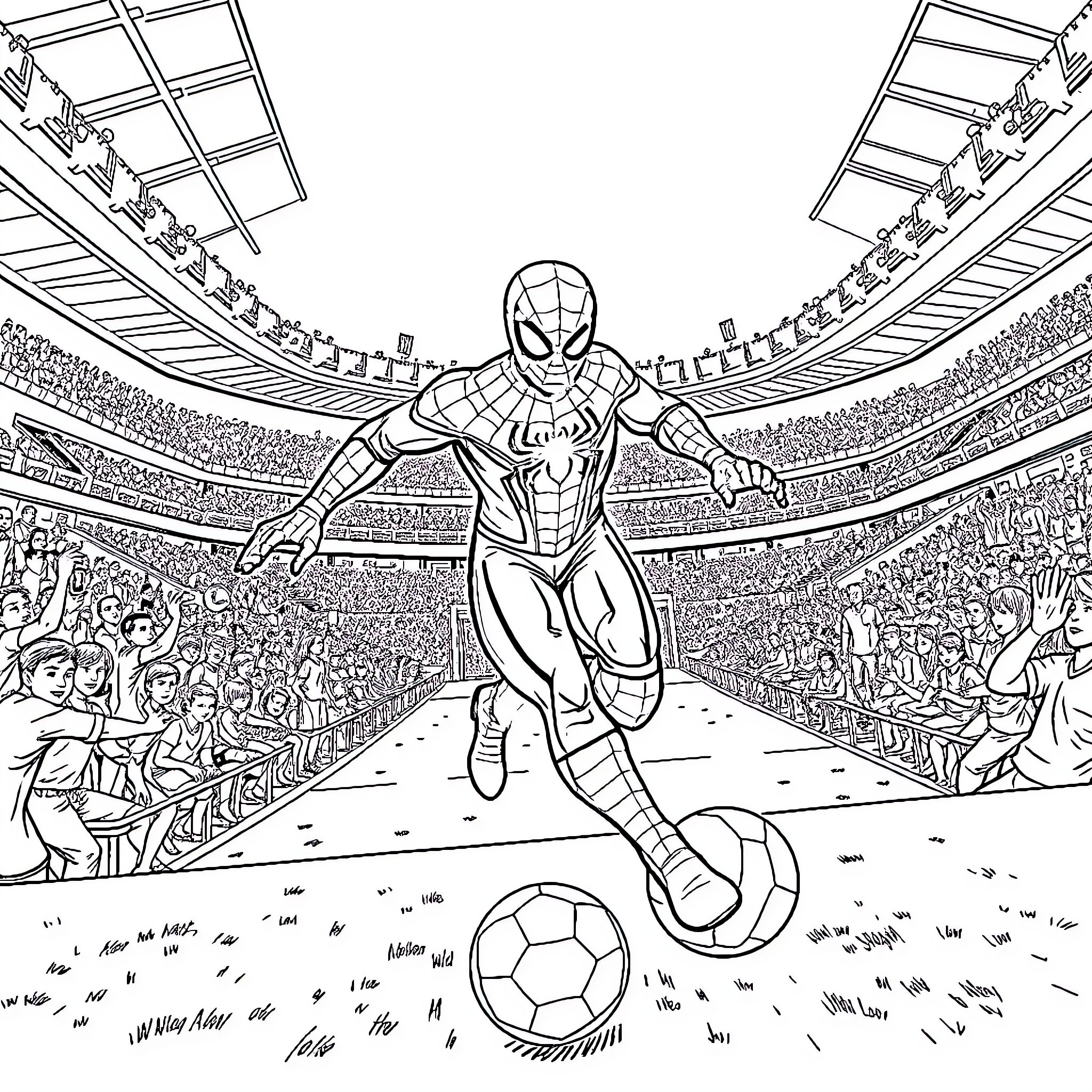 Spiderman performing acrobatics in a sports stadium Coloring Page (free black-and-white line drawing printable PDF for all, from beginners to advanced learners, including children, teens, adults, and seniors)