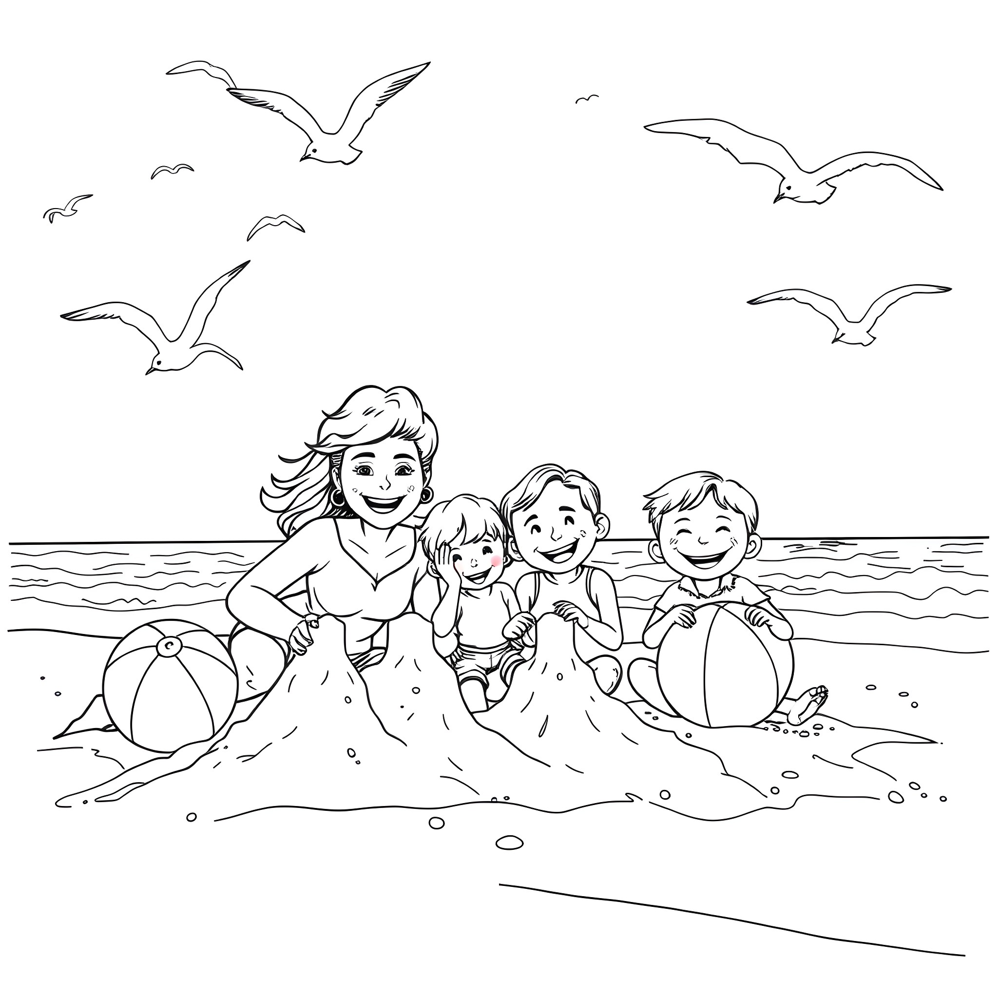 Family enjoying a sunny day at the beach Coloring Page (free black-and-white line drawing printable PDF for all, from beginners to advanced learners, including children, teens, adults, and seniors)