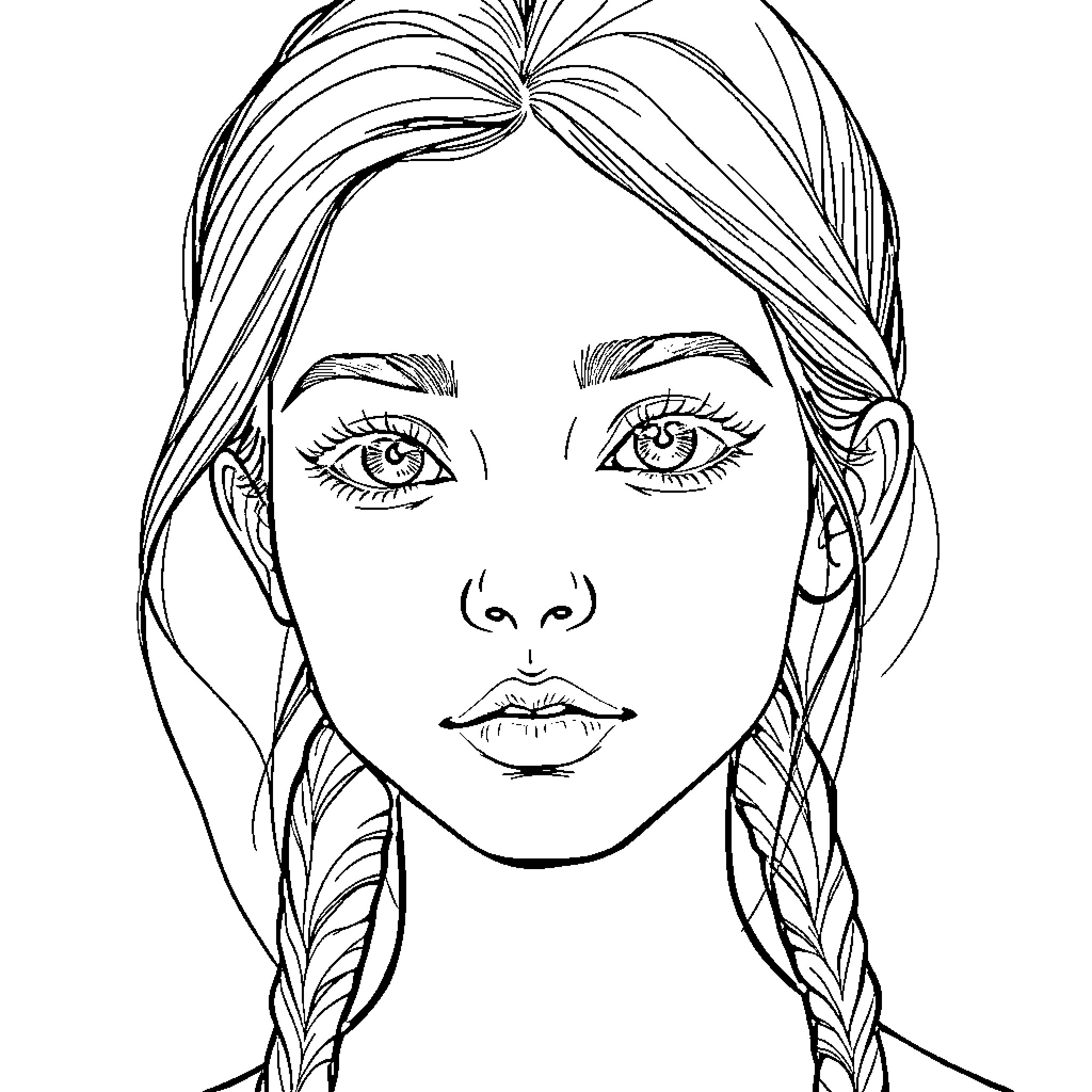 Girl with Intricate Hairstyle Coloring Page (free black-and-white line drawing printable PDF for all, from beginners to advanced learners, including children, teens, adults, and seniors)