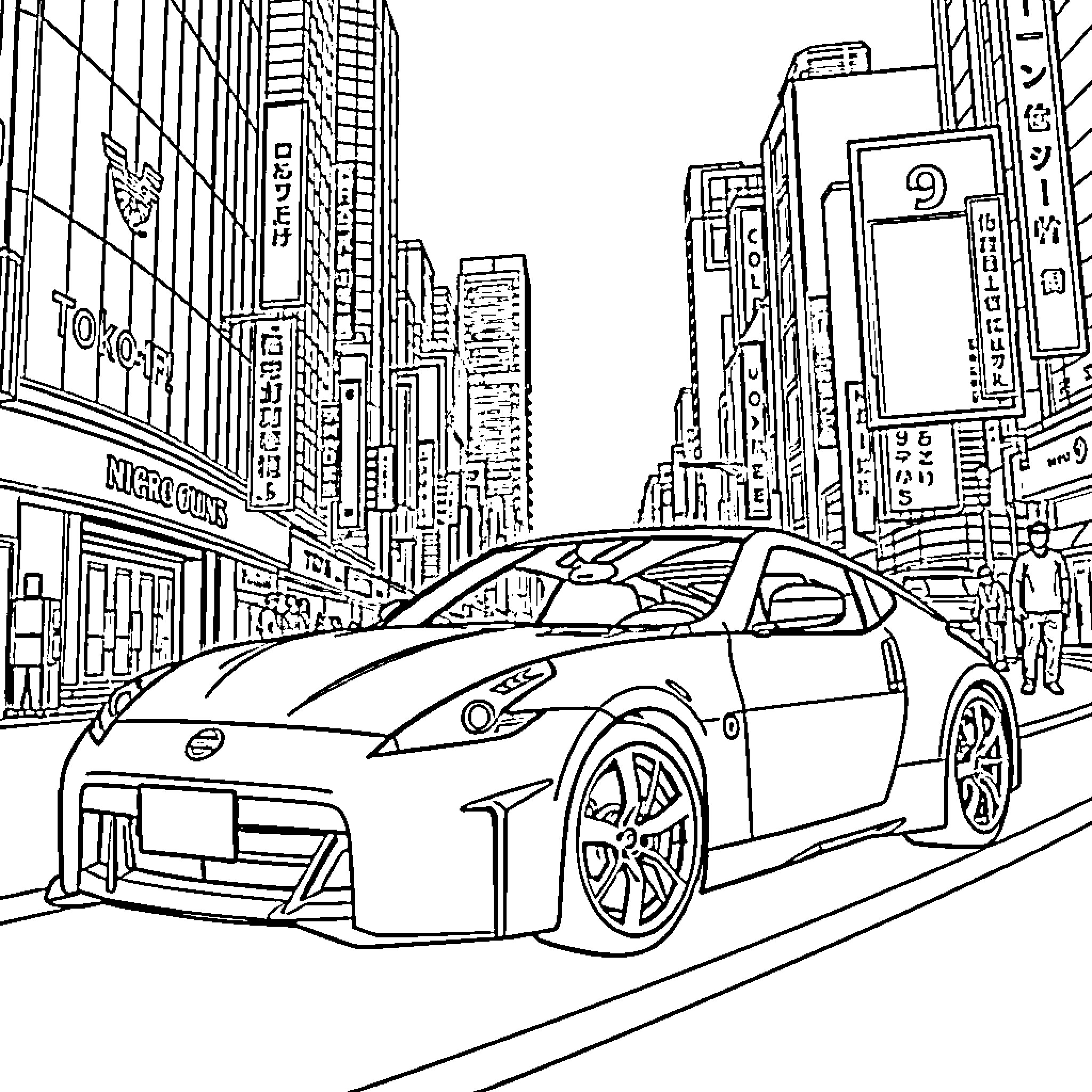 Nissan 370z speeding through the busy city streets Coloring Page (free black-and-white line drawing printable PDF for all, from beginners to advanced learners, including children, teens, adults, and seniors)