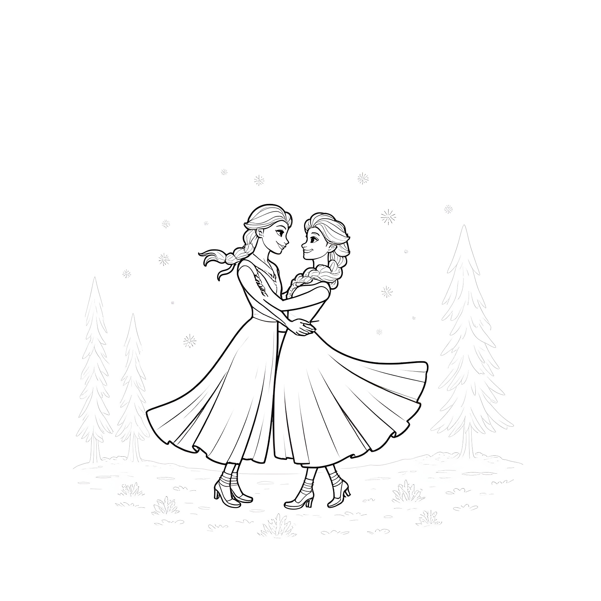 Elsa and Anna dancing in winter wonderland Coloring Page (free black-and-white line drawing printable PDF for all, from beginners to advanced learners, including children, teens, adults, and seniors)