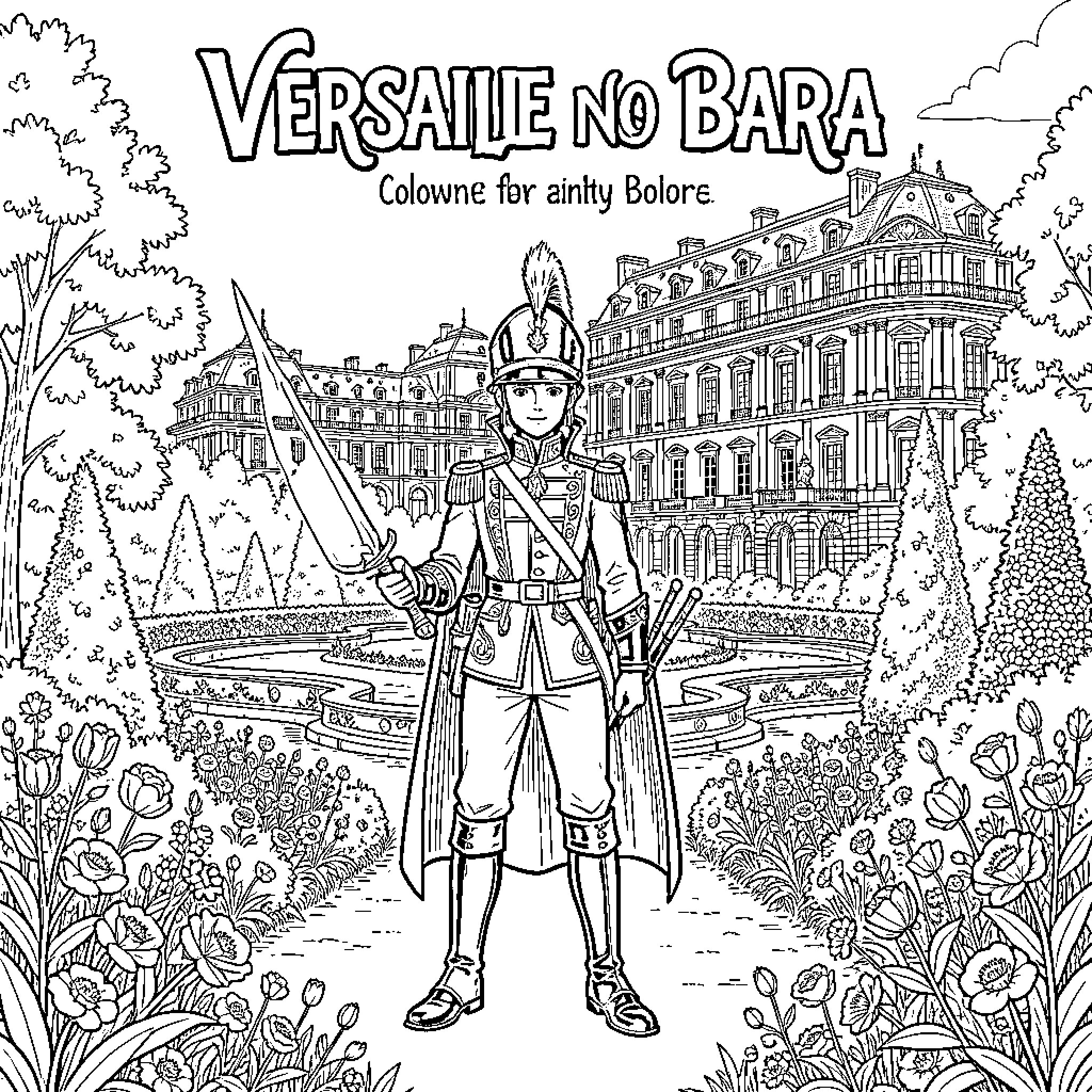 Versailles no Bara soldier standing in a formal garden Coloring Page (free black-and-white line drawing printable PDF for all, from beginners to advanced learners, including children, teens, adults, and seniors)