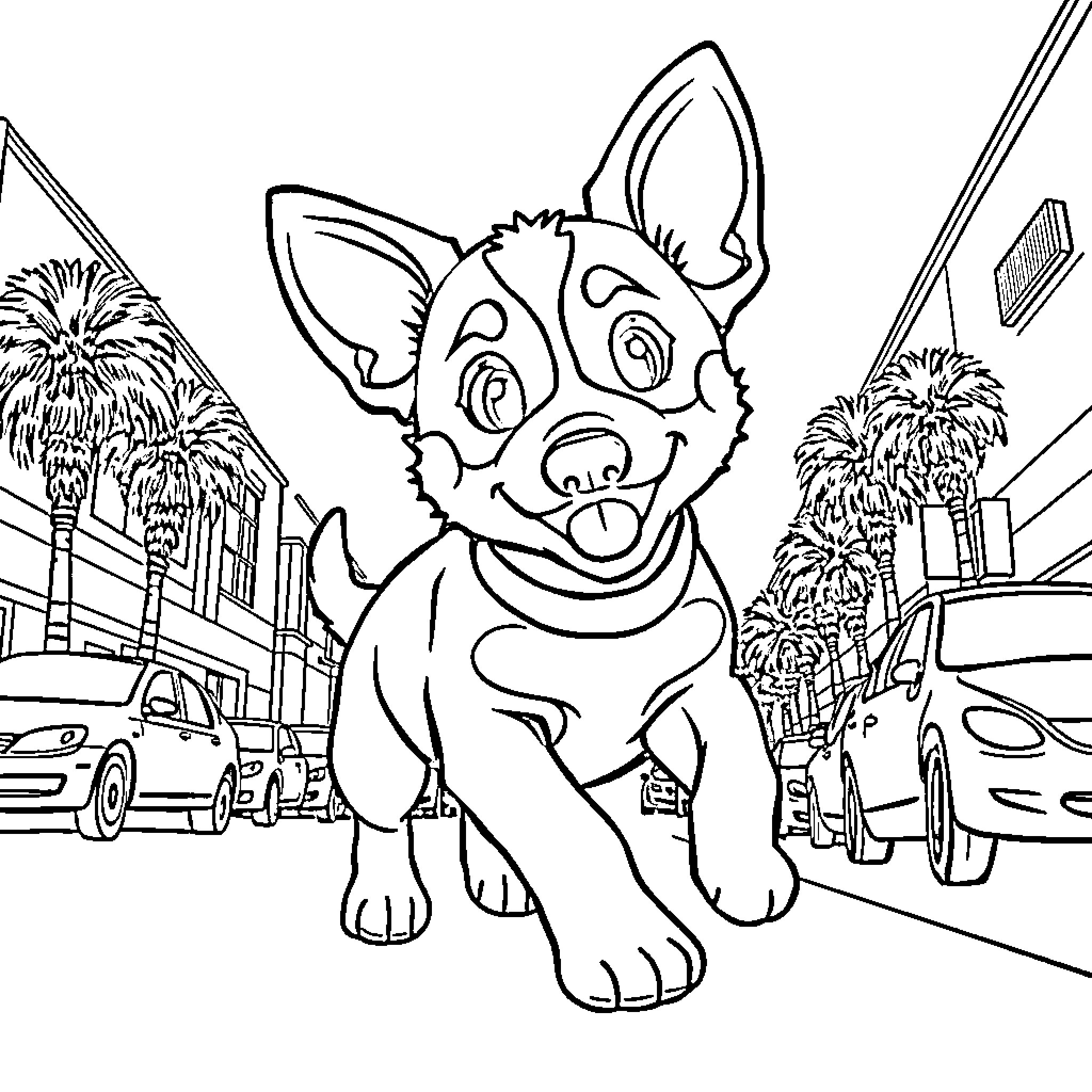 Bluey exploring the busy city streets Coloring Page (free black-and-white line drawing printable PDF for all, from beginners to advanced learners, including children, teens, adults, and seniors)