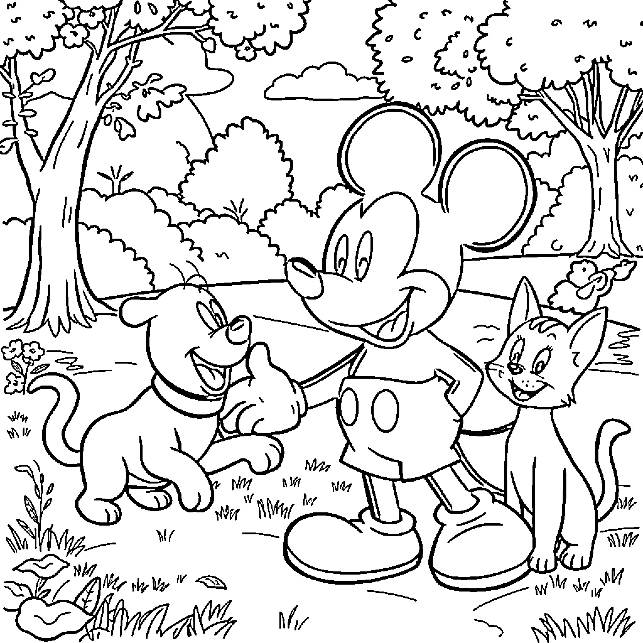 Mickey Mouse and friends explore the enchanting forest Coloring Page (free black-and-white line drawing printable PDF for all, from beginners to advanced learners, including children, teens, adults, and seniors)