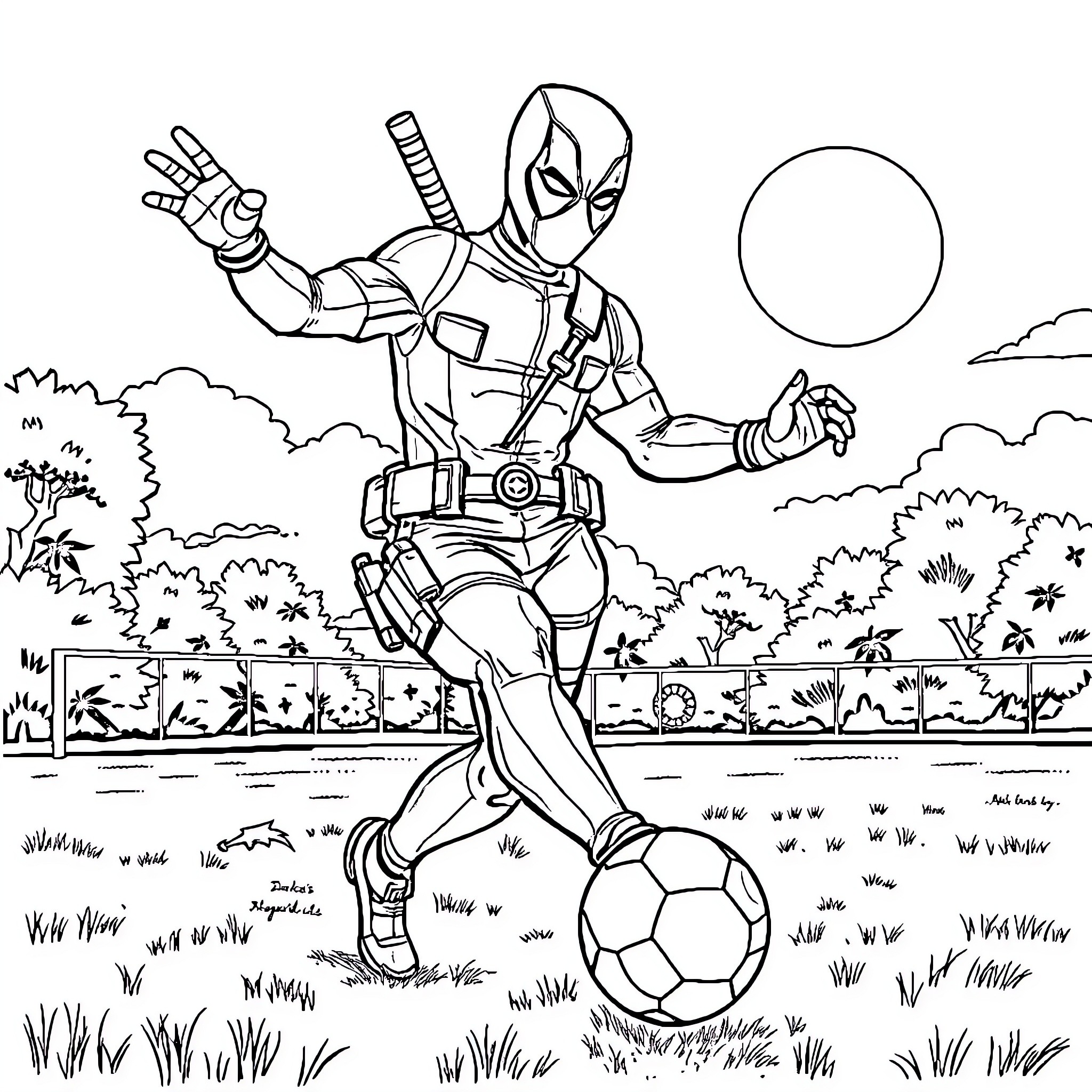 Deadpool playing soccer in a field Coloring Page (free black-and-white line drawing printable PDF for all, from beginners to advanced learners, including children, teens, adults, and seniors)