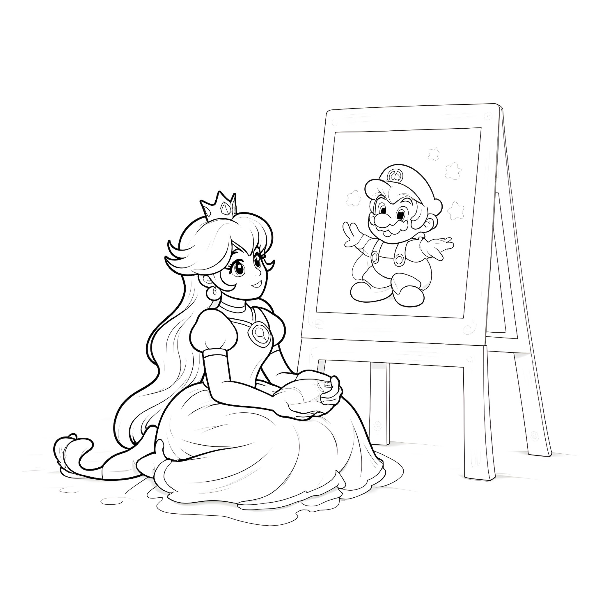 Princess Peach Admiring Her Artistic Rendering Coloring Page (free black-and-white line drawing printable PDF for all, from beginners to advanced learners, including children, teens, adults, and seniors)