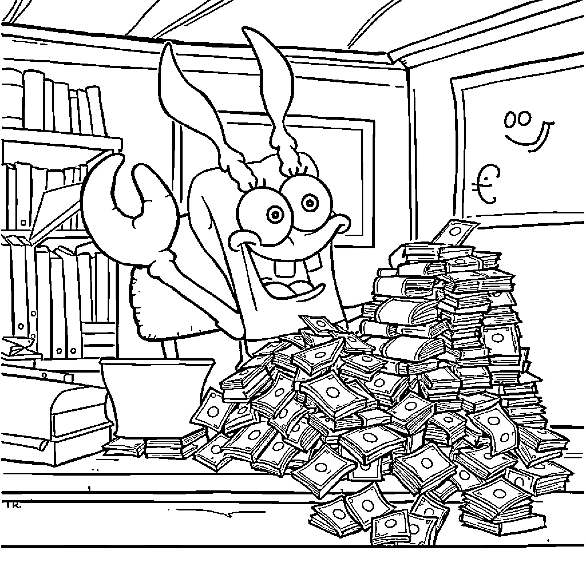 Mr. Krabs surrounded by piles of money in his office Coloring Page (free black-and-white line drawing printable PDF for all, from beginners to advanced learners, including children, teens, adults, and seniors)