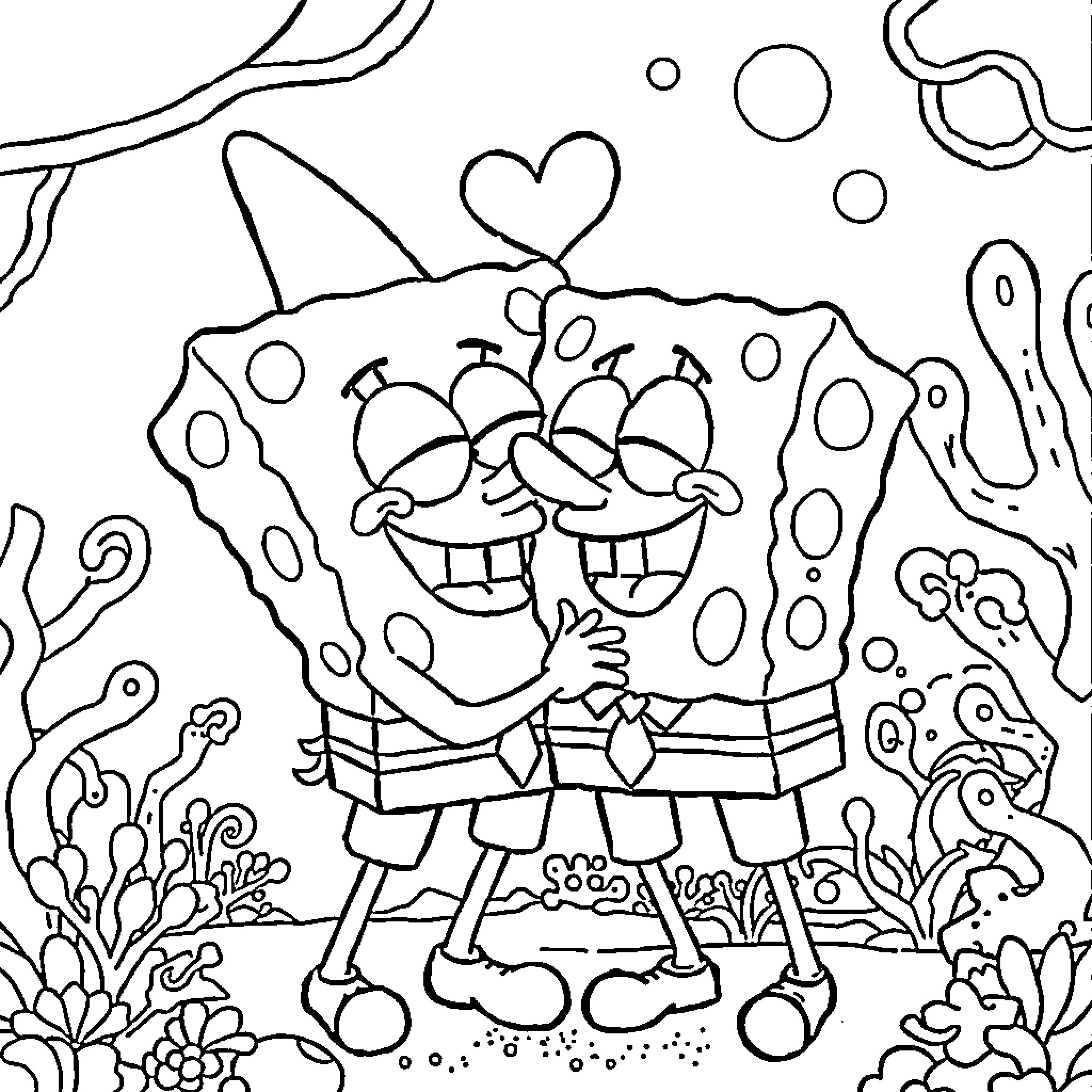 Spongebob in a whimsical underwater scene Coloring Page (free black-and-white line drawing printable PDF for all, from beginners to advanced learners, including children, teens, adults, and seniors)