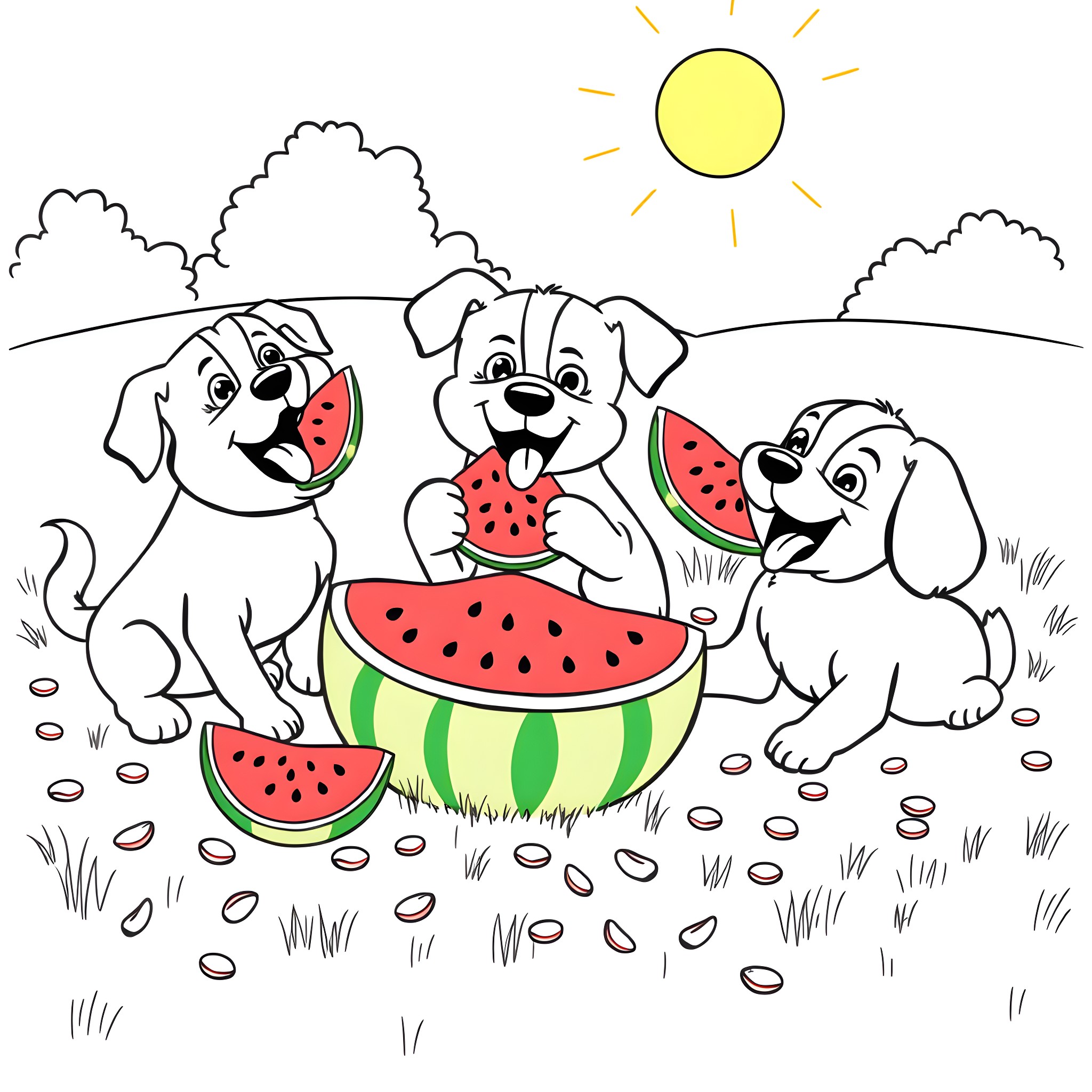 Dogs enjoying watermelon on a sunny day Coloring Page (free black-and-white line drawing printable PDF for all, from beginners to advanced learners, including children, teens, adults, and seniors)