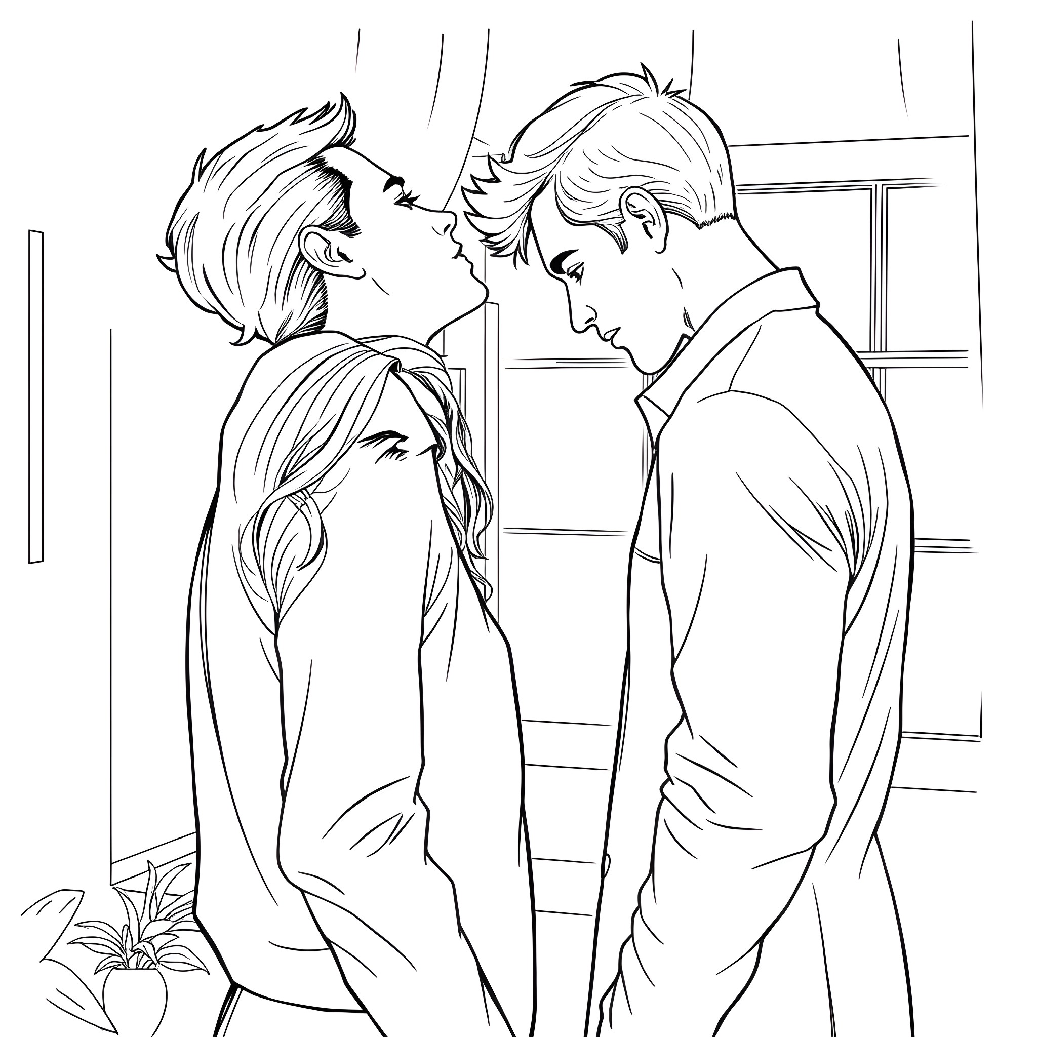 Woman and man intimately embracing in a private setting Coloring Page (free black-and-white line drawing printable PDF for all, from beginners to advanced learners, including children, teens, adults, and seniors)