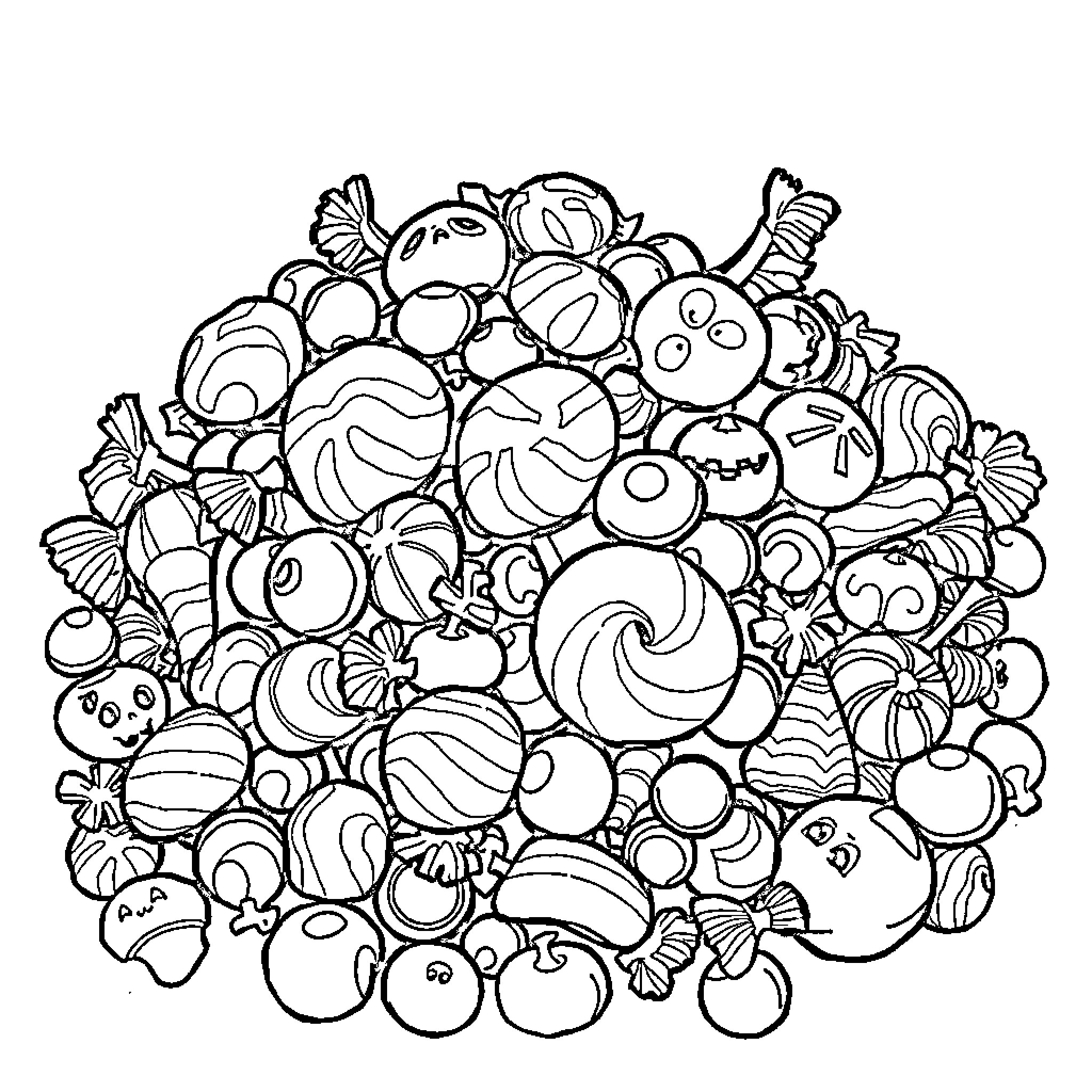 Candy Creatures Gathered Whimsically Coloring Page (free black-and-white line drawing printable PDF for all, from beginners to advanced learners, including children, teens, adults, and seniors)