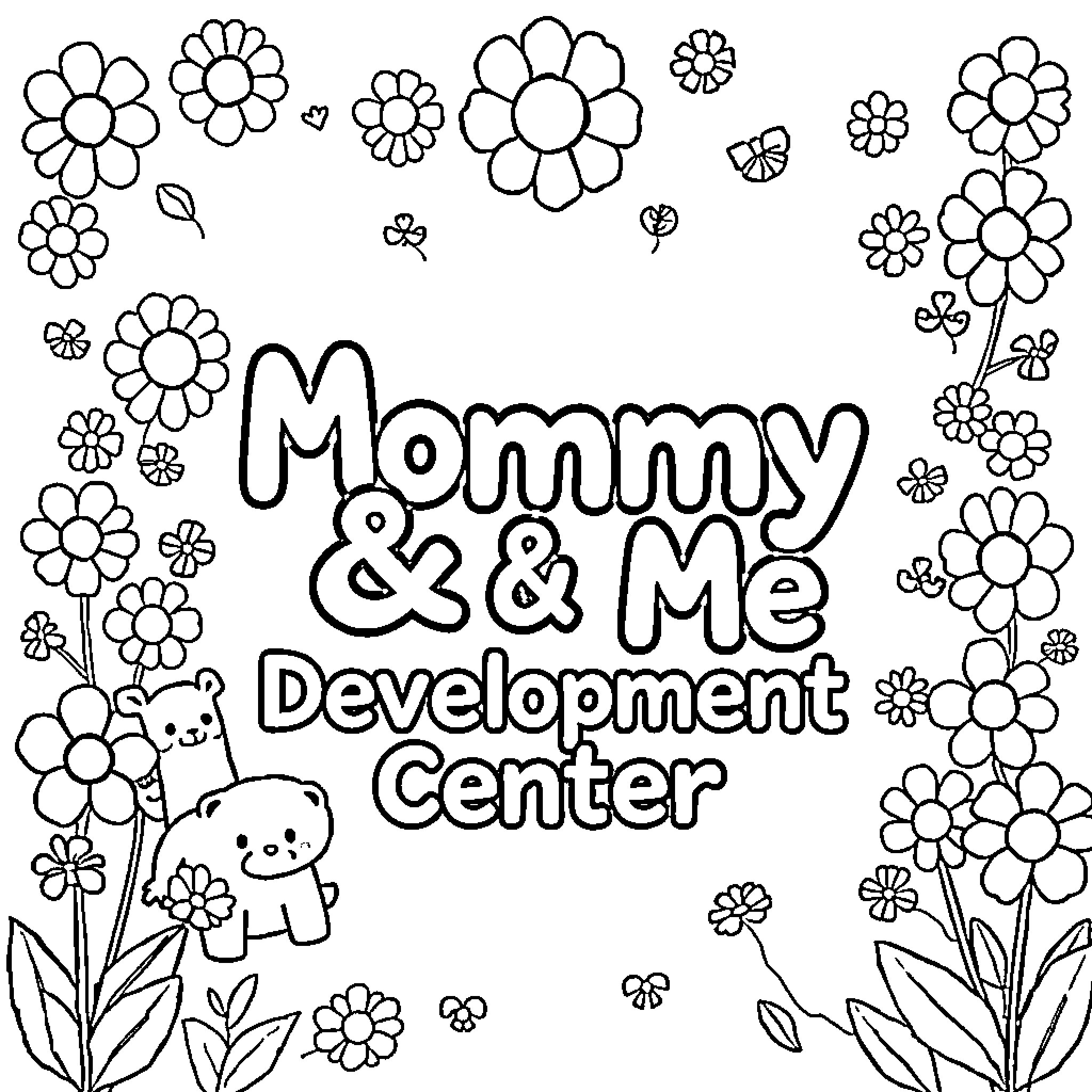 Mommy & Me Playful Floral Scene Coloring Page (free black-and-white line drawing printable PDF for all, from beginners to advanced learners, including children, teens, adults, and seniors)