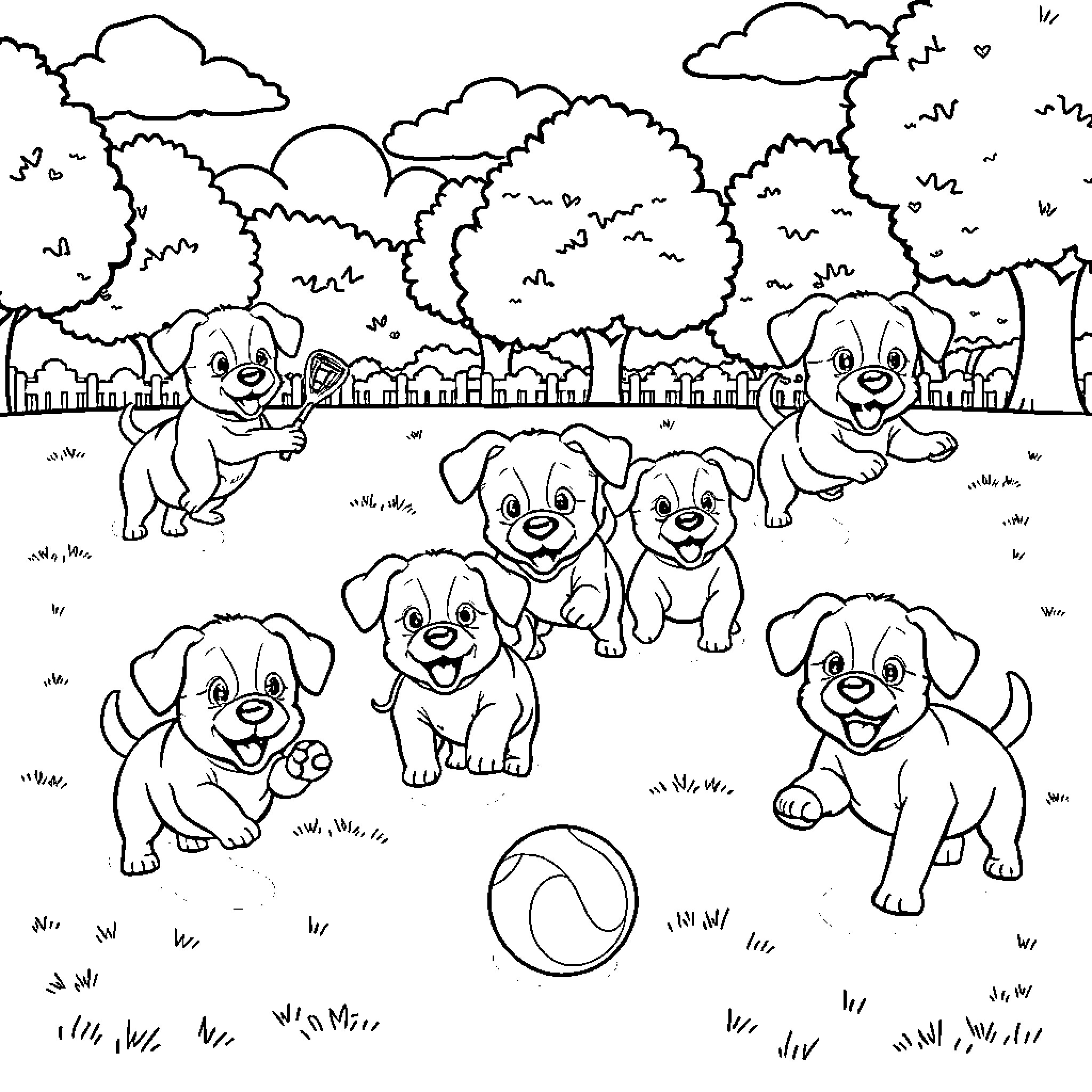 Puppy playtime in the park Coloring Page (free black-and-white line drawing printable PDF for all, from beginners to advanced learners, including children, teens, adults, and seniors)
