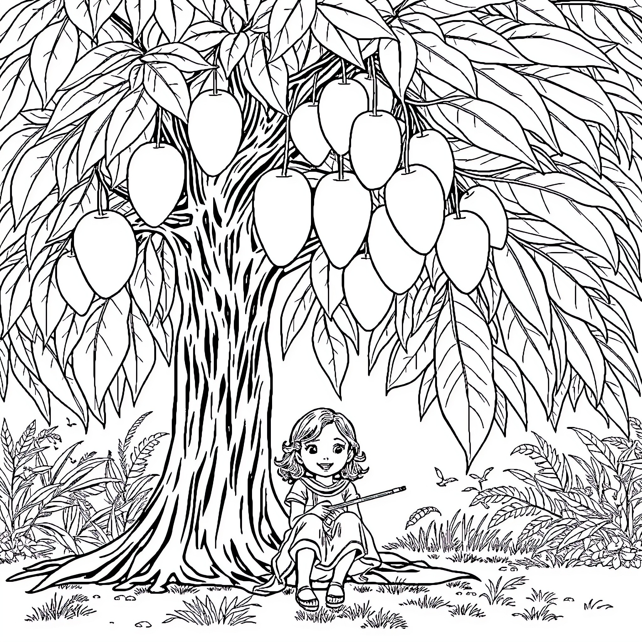 Mother and Child Under Mango Tree Coloring Page (free black-and-white line drawing printable PDF for all, from beginners to advanced learners, including children, teens, adults, and seniors)