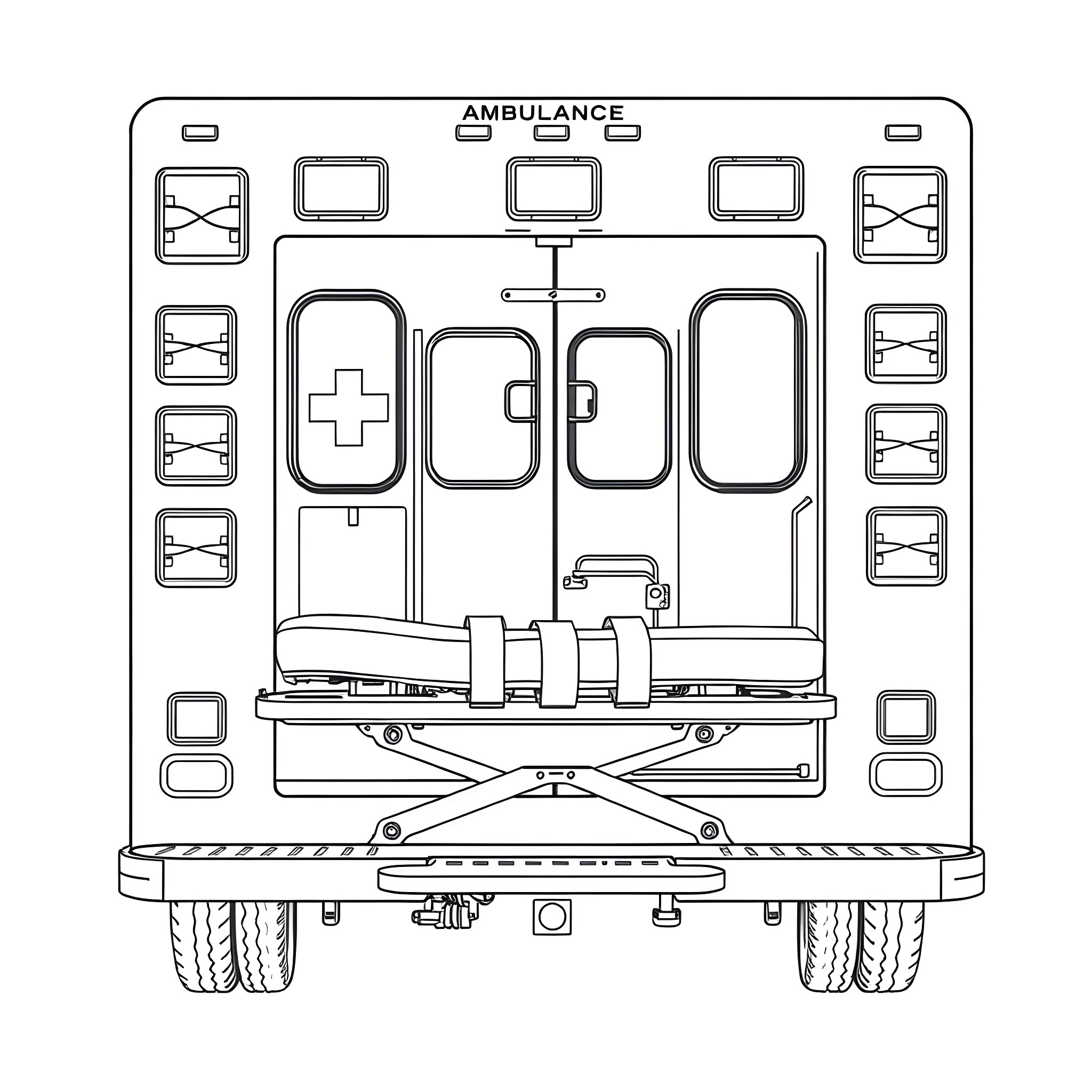 Ambulance with medical equipment and stretcher Coloring Page (free black-and-white line drawing printable PDF for all, from beginners to advanced learners, including children, teens, adults, and seniors)