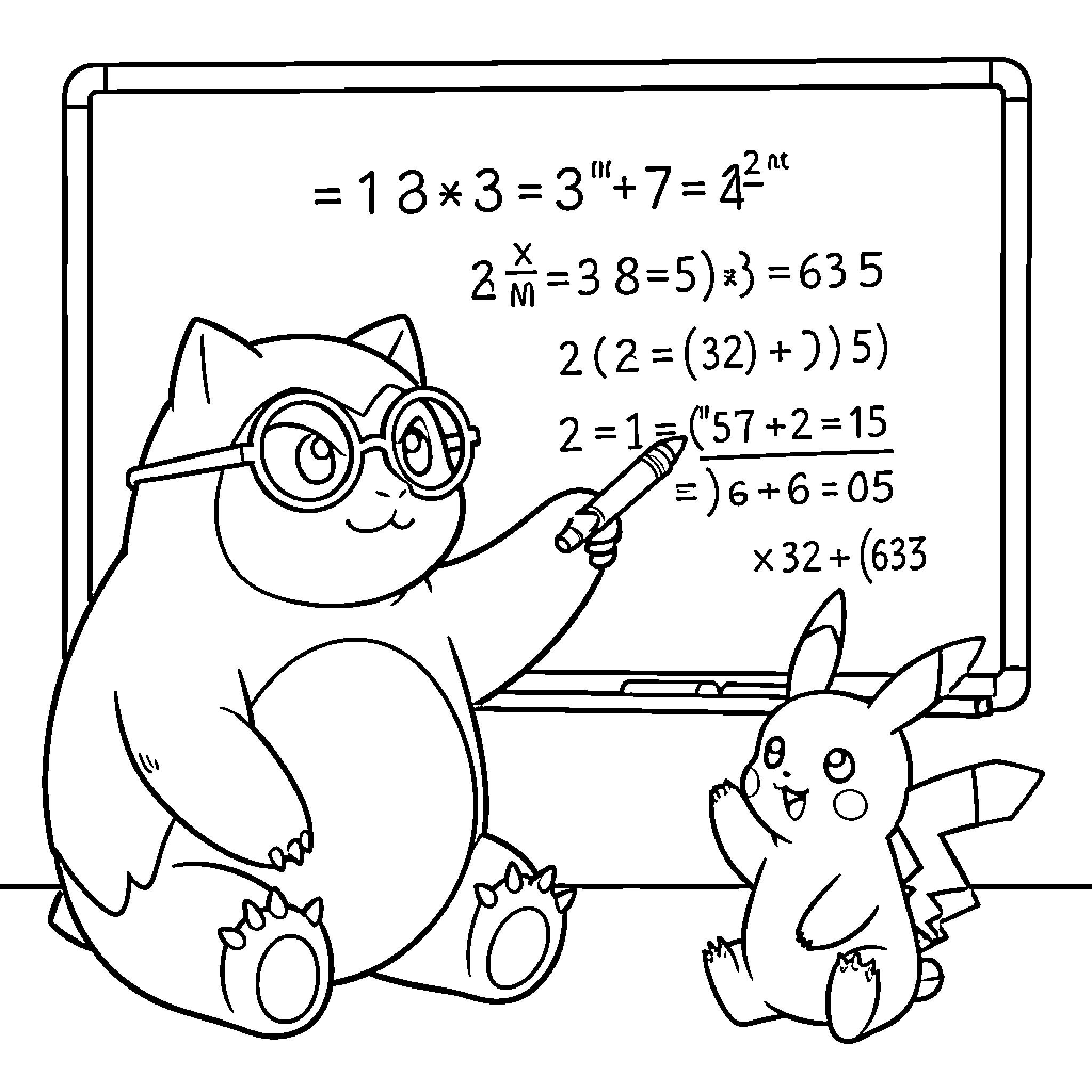 Snorlax teaching math to Pikachu Coloring Page (free black-and-white line drawing printable PDF for all, from beginners to advanced learners, including children, teens, adults, and seniors)