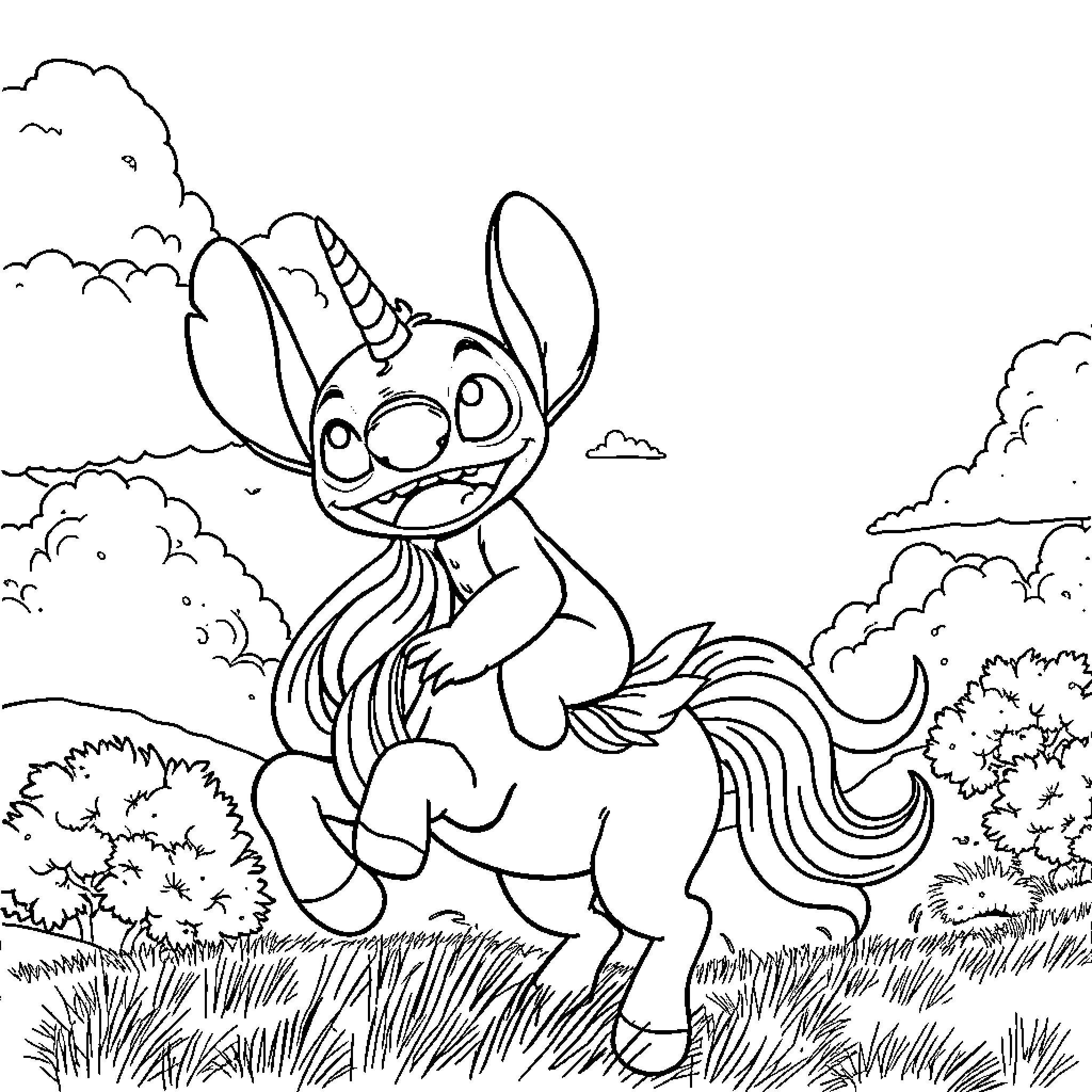 Stitch running playfully through the meadow Coloring Page (free black-and-white line drawing printable PDF for all, from beginners to advanced learners, including children, teens, adults, and seniors)