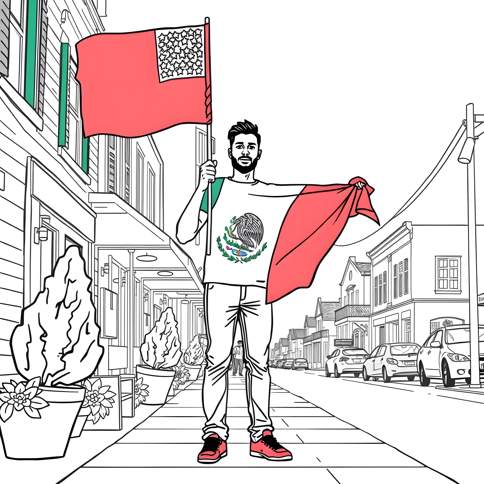 Myles Turner proudly displaying Mexican and U.S. flags Coloring Page (free black-and-white line drawing printable PDF for all, from beginners to advanced learners, including children, teens, adults, and seniors)