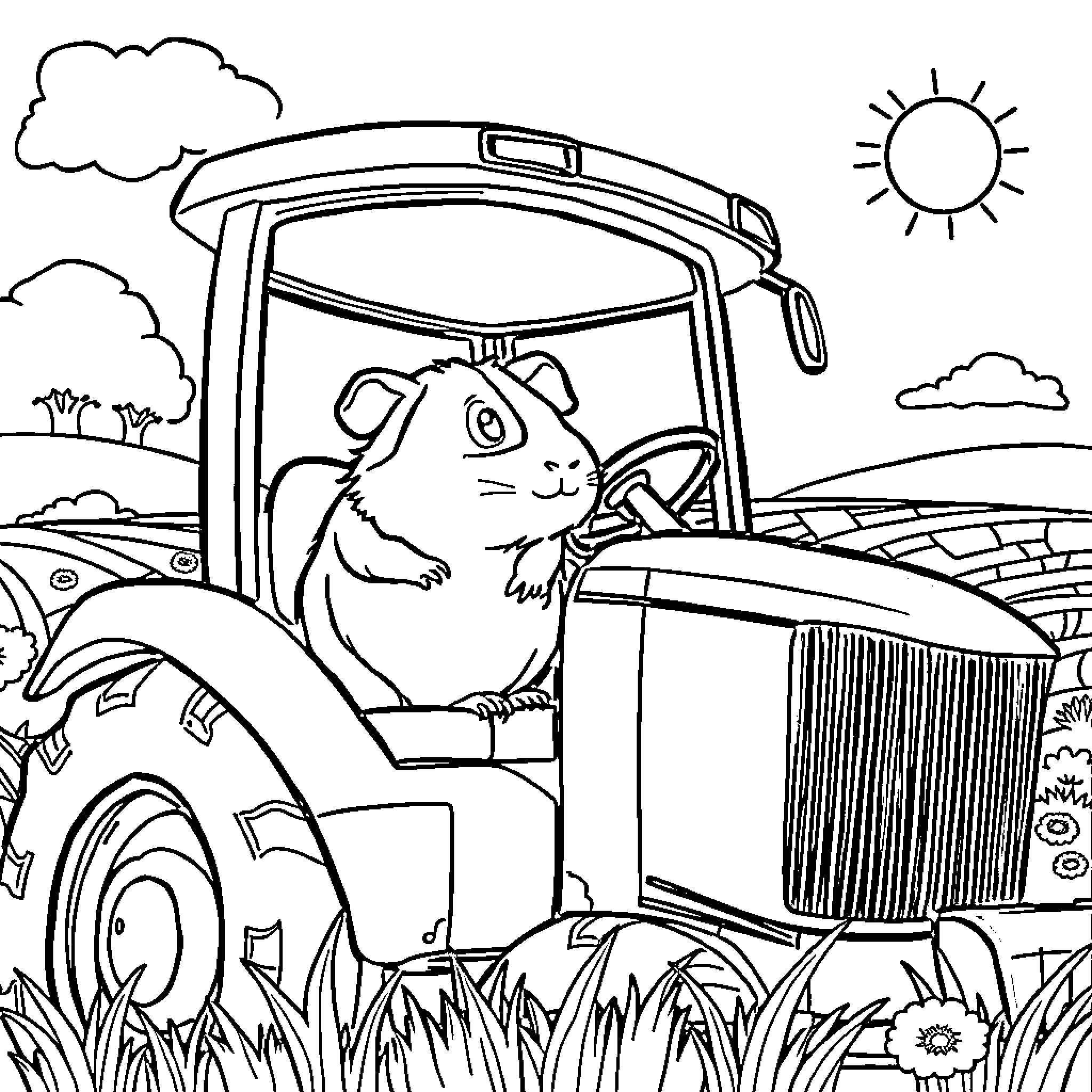Guinea Pig driving a tractor on the farm Coloring Page (free black-and-white line drawing printable PDF for all, from beginners to advanced learners, including children, teens, adults, and seniors)