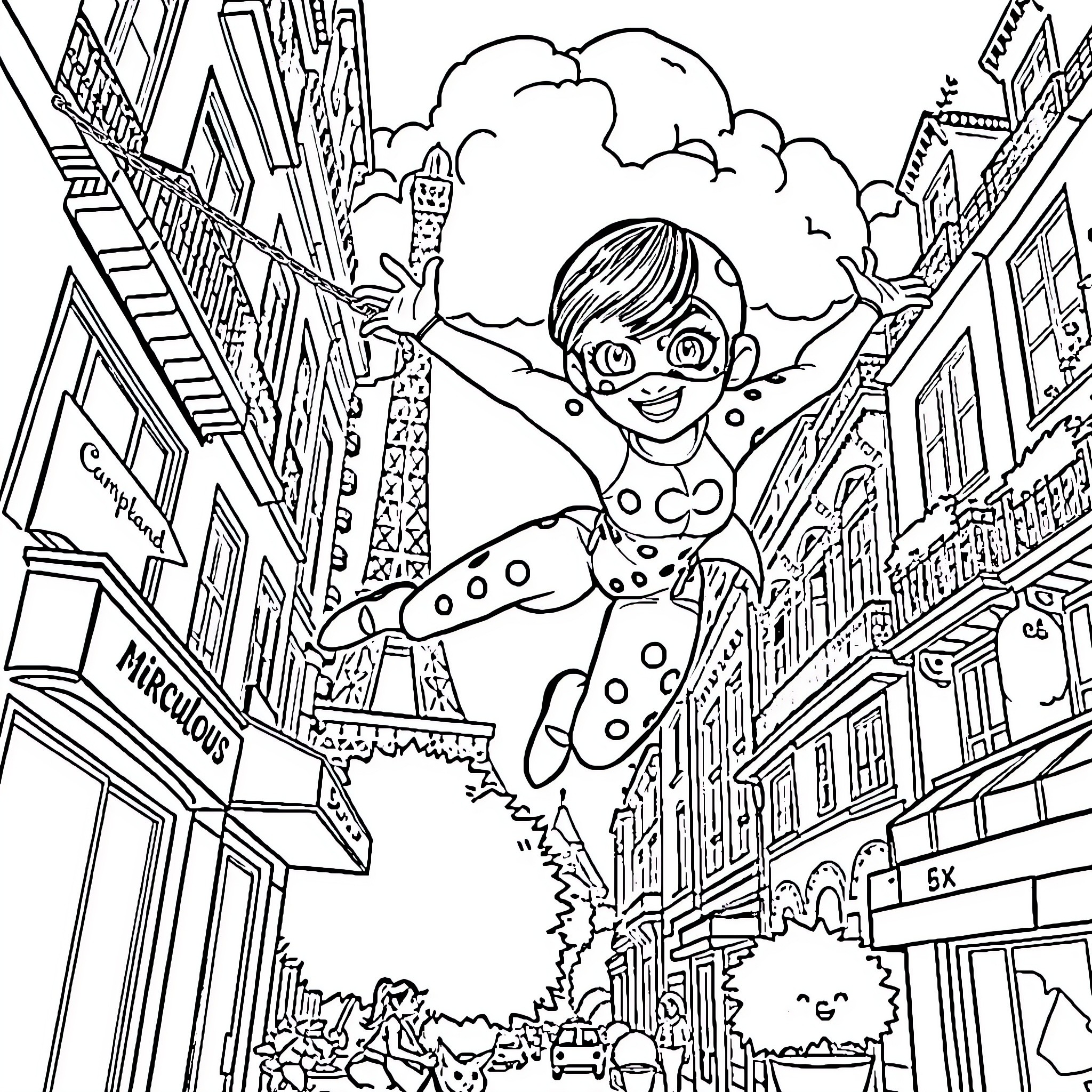 Ladybug takes flight over the bustling city Coloring Page (free black-and-white line drawing printable PDF for all, from beginners to advanced learners, including children, teens, adults, and seniors)