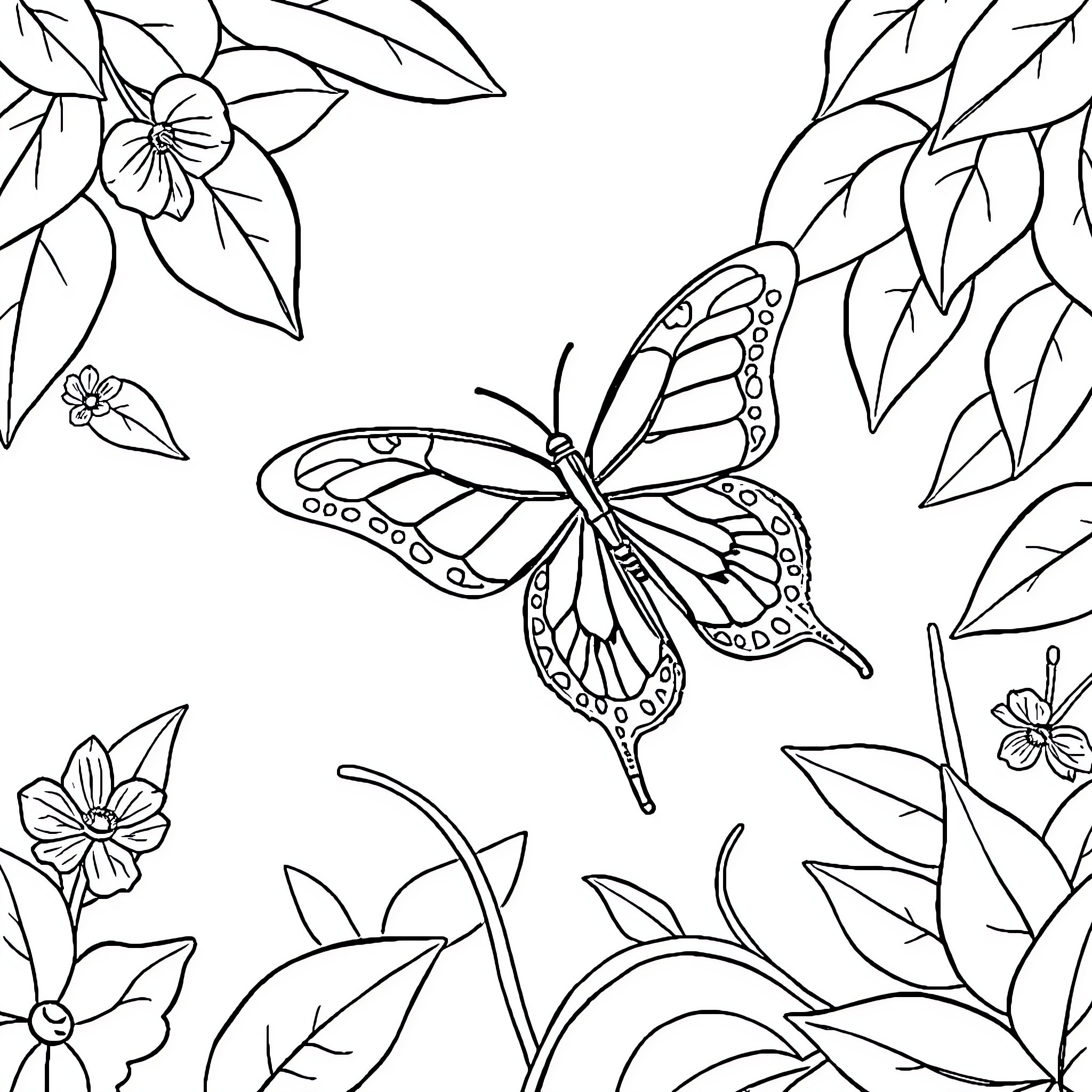 Butterfly floating among flowers and leaves Coloring Page (free black-and-white line drawing printable PDF for all, from beginners to advanced learners, including children, teens, adults, and seniors)