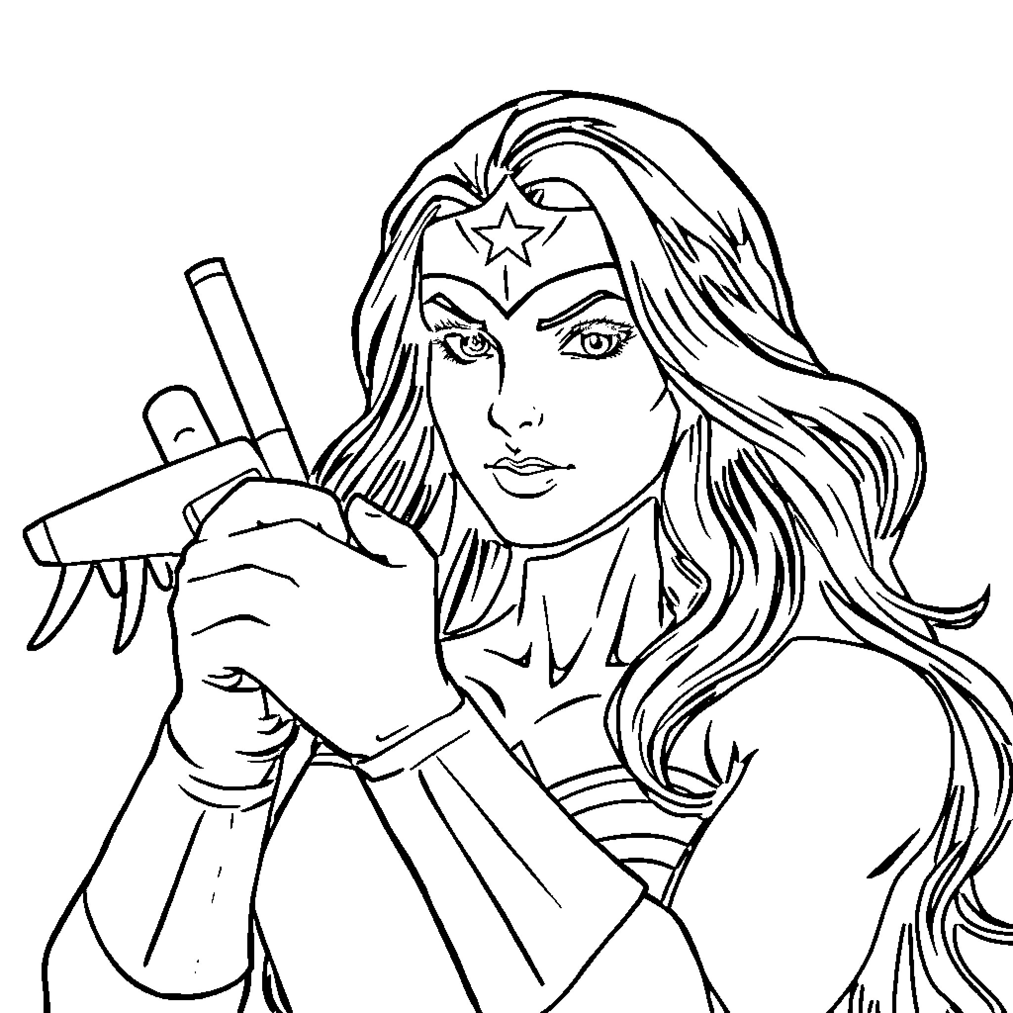 Wonder Woman with Lasso of Truth in Action Pose Coloring Page (free black-and-white line drawing printable PDF for all, from beginners to advanced learners, including children, teens, adults, and seniors)