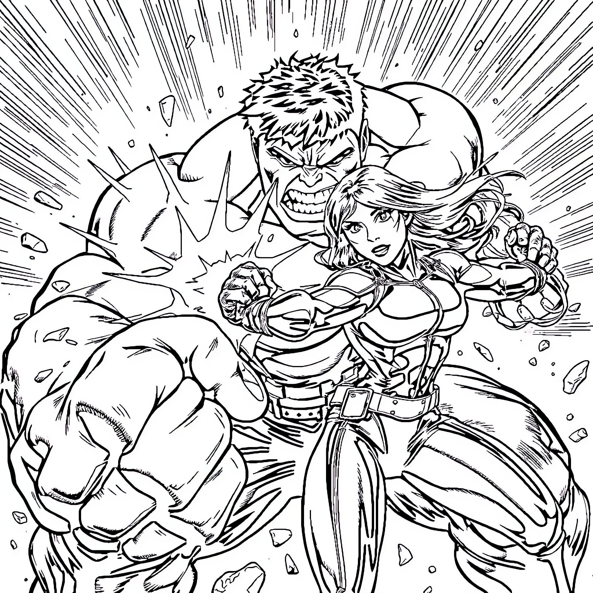 Hulk battling a female warrior in a dramatic scene Coloring Page (free black-and-white line drawing printable PDF for all, from beginners to advanced learners, including children, teens, adults, and seniors)