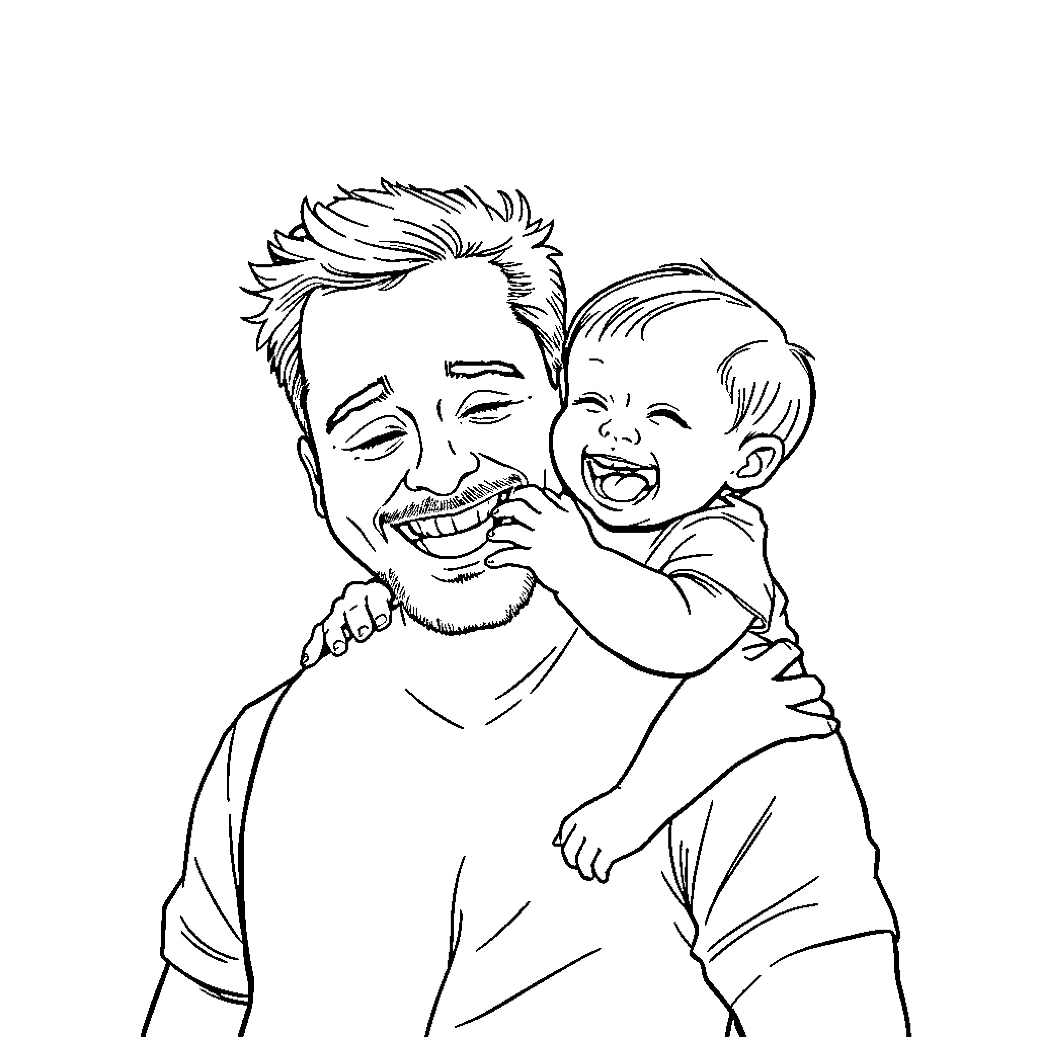 Toddler playfully embracing smiling parent Coloring Page (free black-and-white line drawing printable PDF for all, from beginners to advanced learners, including children, teens, adults, and seniors)