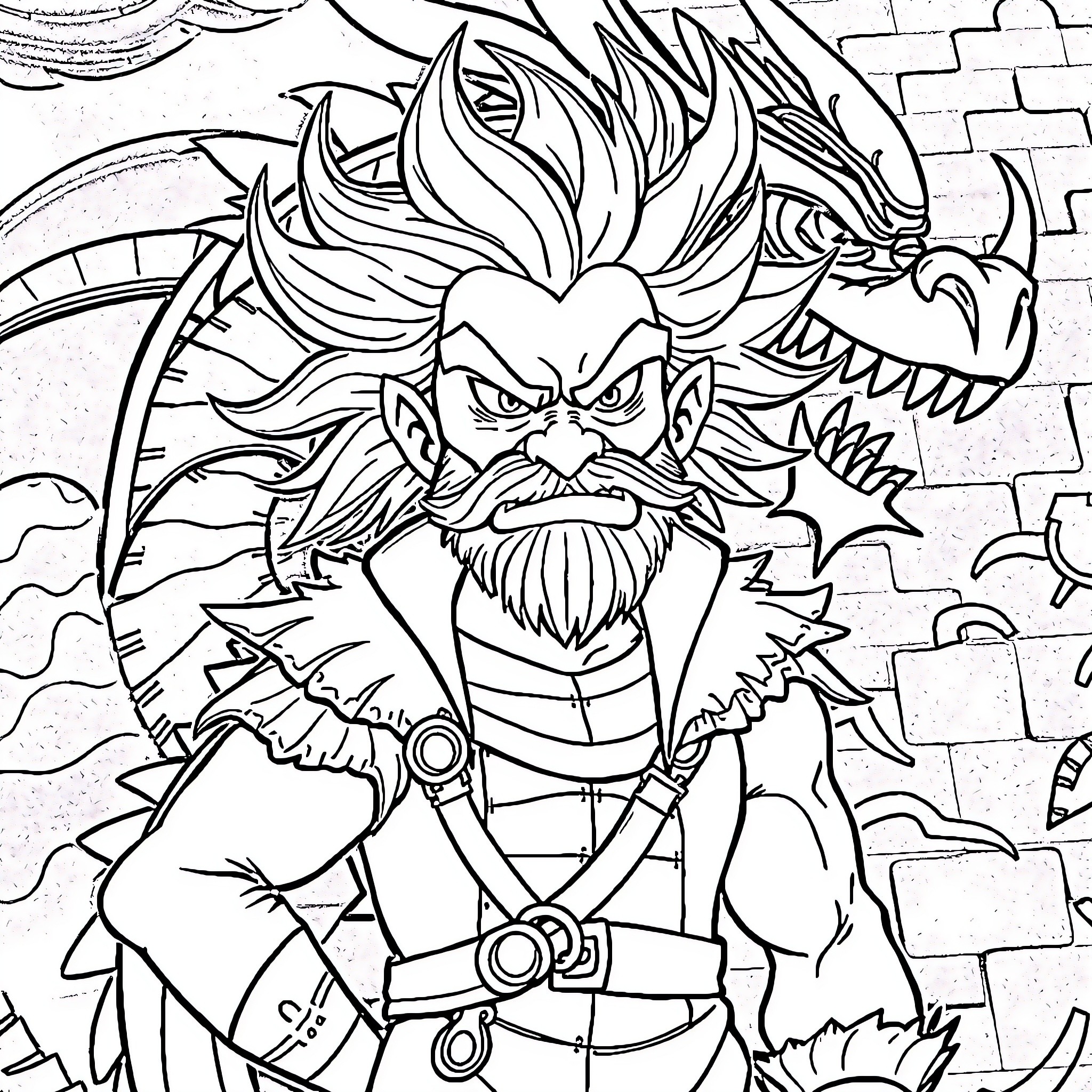 Drachenlord in an intense, monstrous warrior pose Coloring Page (free black-and-white line drawing printable PDF for all, from beginners to advanced learners, including children, teens, adults, and seniors)