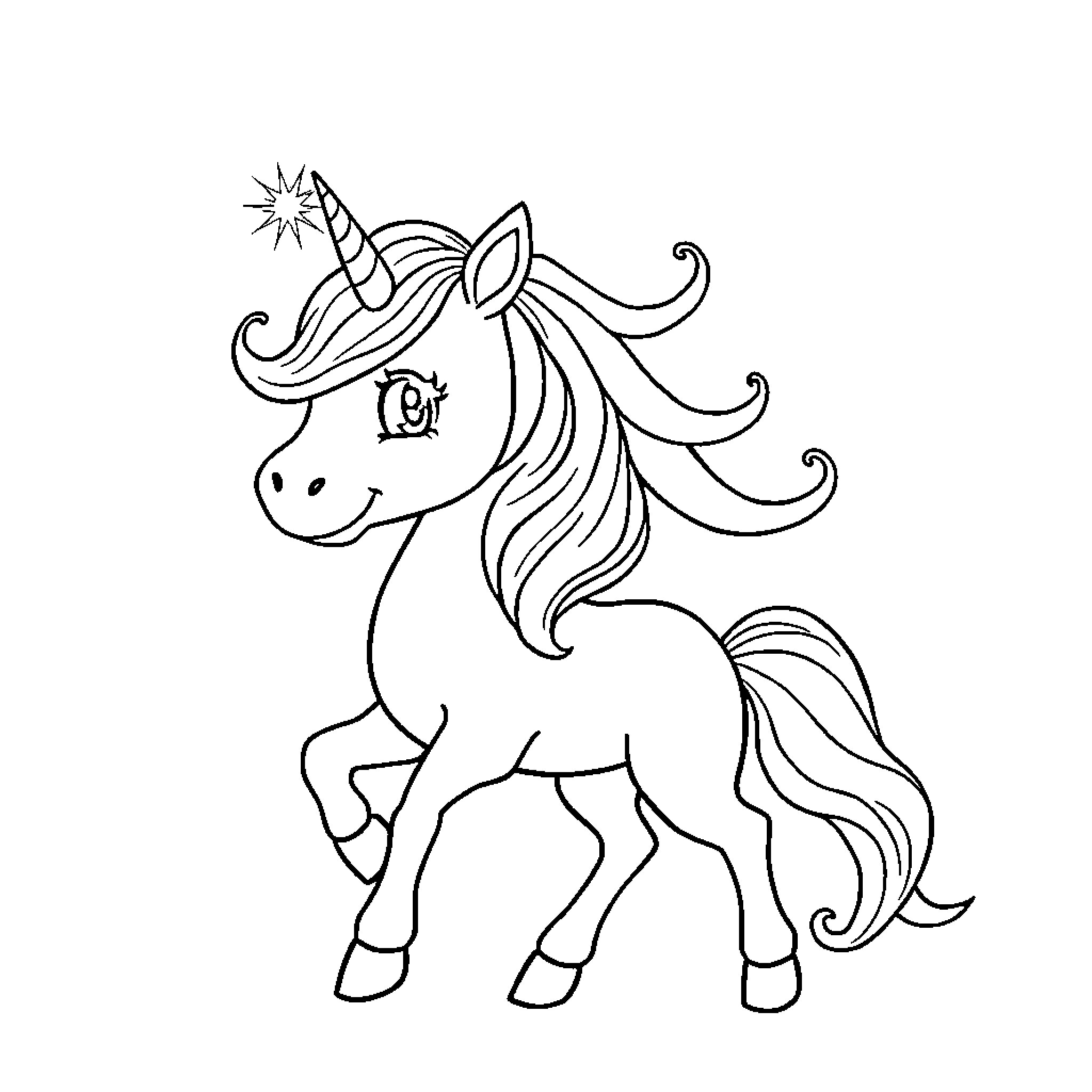 Unicorn with magical horn and flowing mane Coloring Page (free black-and-white line drawing printable PDF for all, from beginners to advanced learners, including children, teens, adults, and seniors)