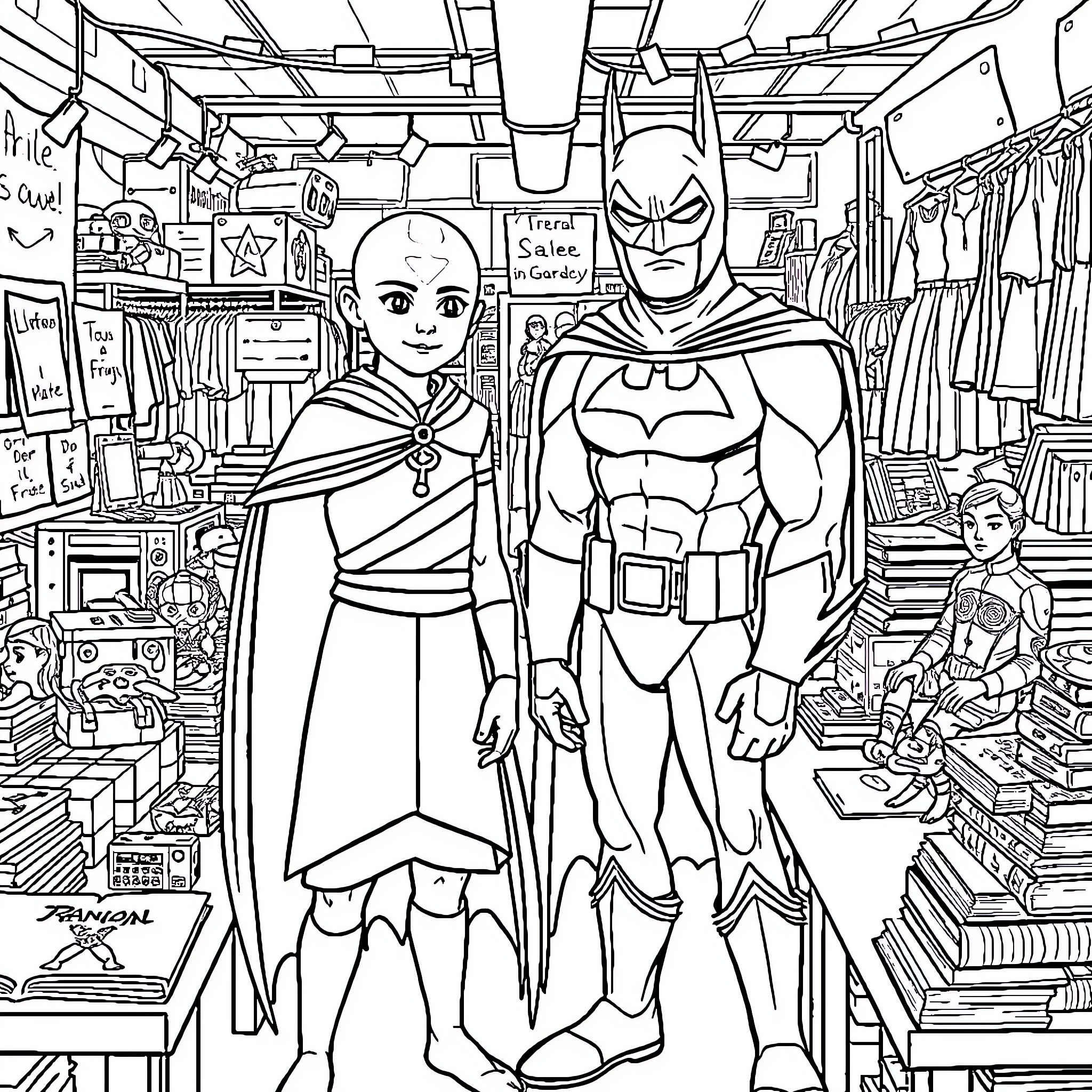 Avatar Heroes Shopping in a Comic Book Store Coloring Page (free black-and-white line drawing printable PDF for all, from beginners to advanced learners, including children, teens, adults, and seniors)
