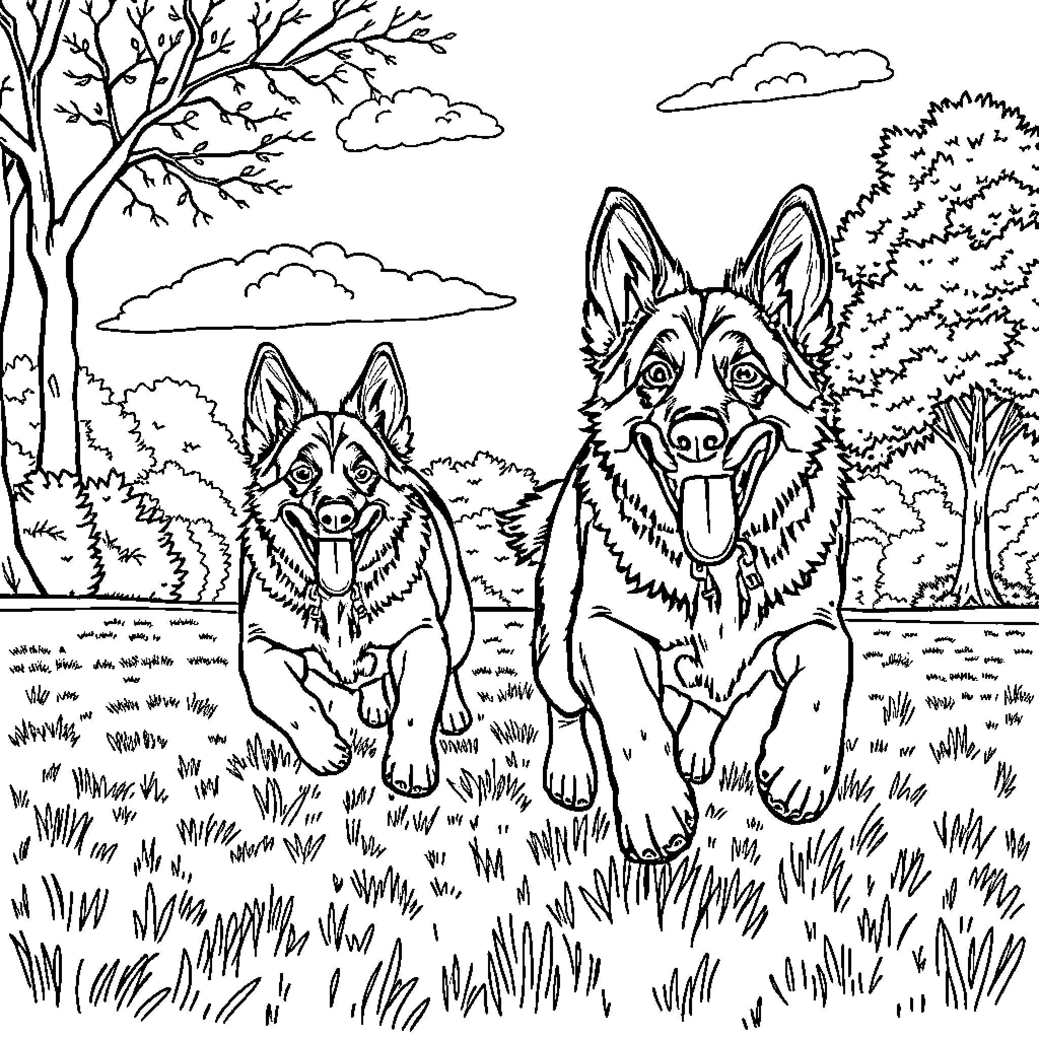 German Shepherd Dogs Exploring the Outdoors Coloring Page (free black-and-white line drawing printable PDF for all, from beginners to advanced learners, including children, teens, adults, and seniors)