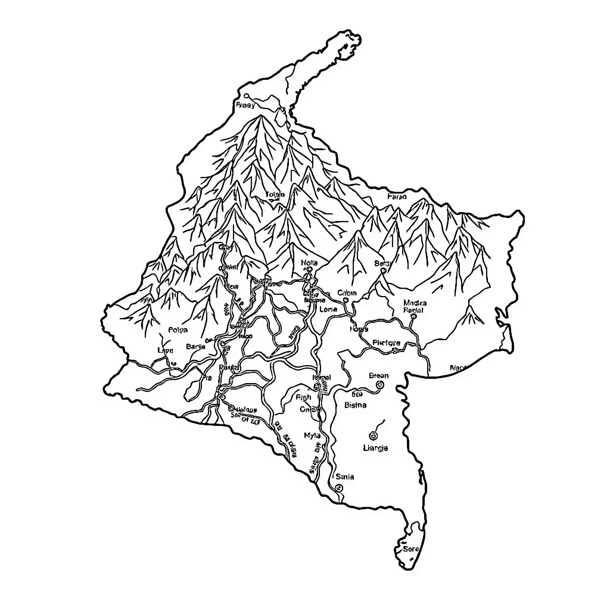 Colombia's Majestic Mountain Ranges and Winding Valleys Coloring Page (free black-and-white line drawing printable PDF for all, from beginners to advanced learners, including children, teens, adults, and seniors)