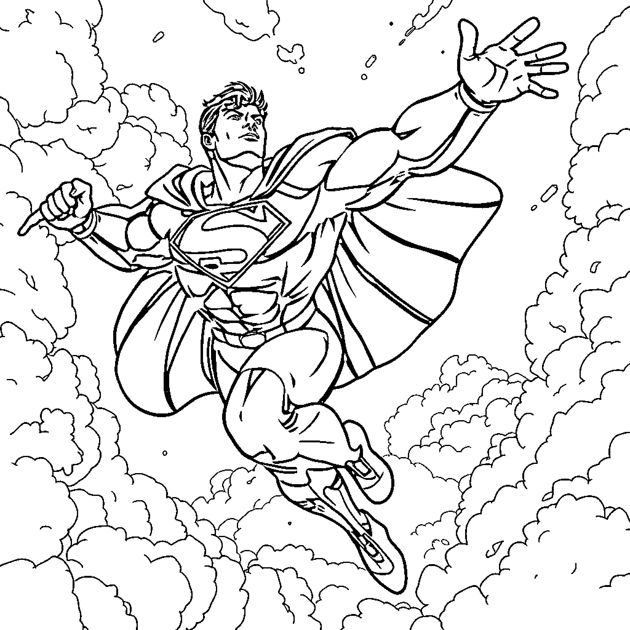 Superman soaring through the sky with determination Coloring Page (free black-and-white line drawing printable PDF for all, from beginners to advanced learners, including children, teens, adults, and seniors)