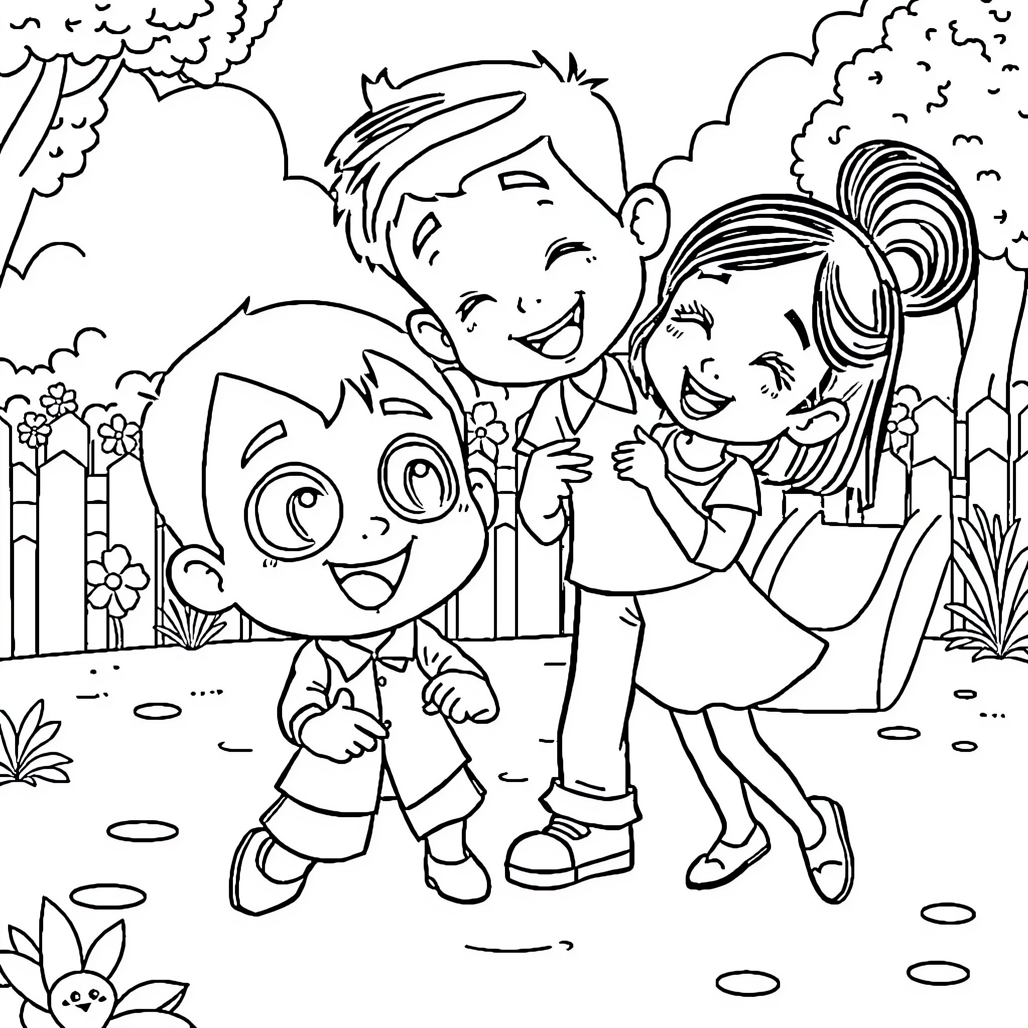 Upin Ipin Having Fun with Friends in the Park Coloring Page (free black-and-white line drawing printable PDF for all, from beginners to advanced learners, including children, teens, adults, and seniors)