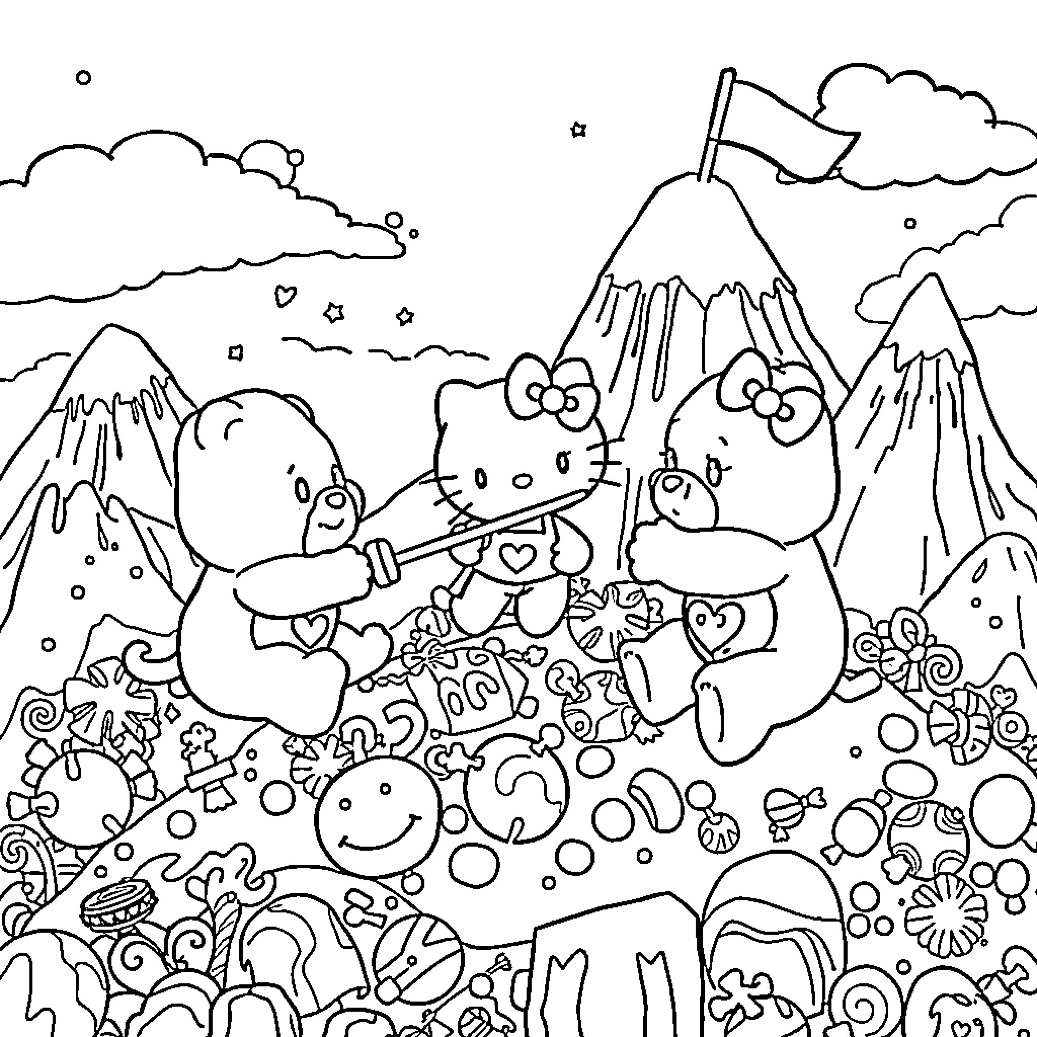 Care Bear and friends exploring a magical landscape Coloring Page (free black-and-white line drawing printable PDF for all, from beginners to advanced learners, including children, teens, adults, and seniors)