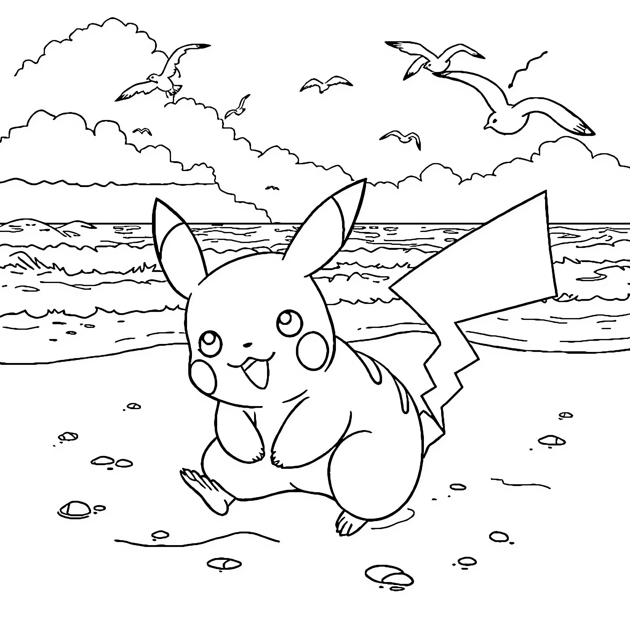 Pikachu enjoying the beach with seagulls Coloring Page (free black-and-white line drawing printable PDF for all, from beginners to advanced learners, including children, teens, adults, and seniors)