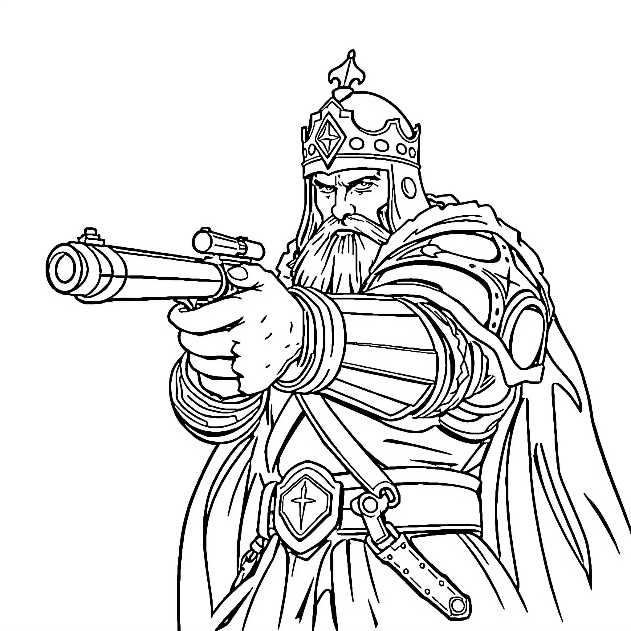 King Wielding Mighty Firearm in Ornate Armor Coloring Page (free black-and-white line drawing printable PDF for all, from beginners to advanced learners, including children, teens, adults, and seniors)