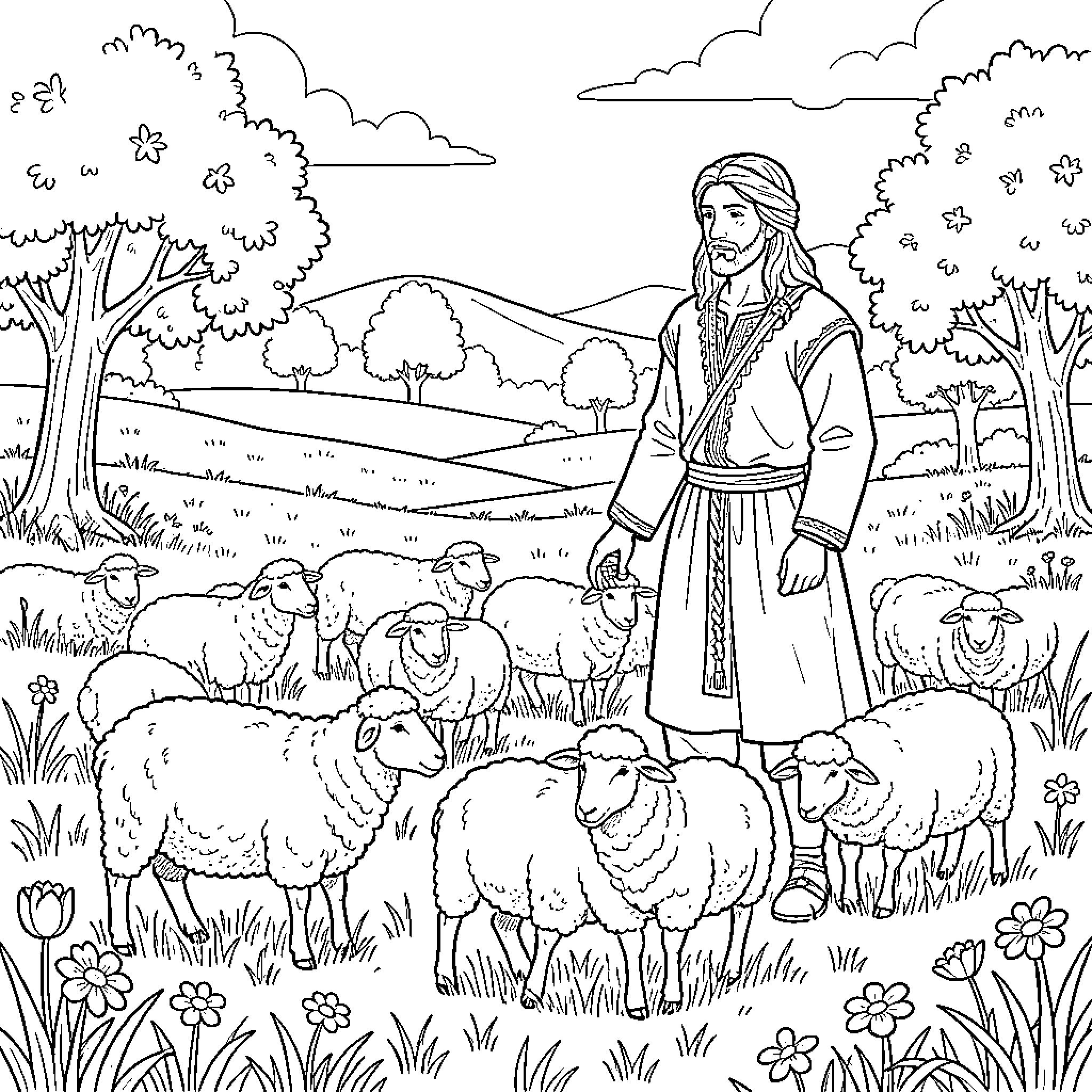 David tending to a flock of sheep in a meadow Coloring Page (free black-and-white line drawing printable PDF for all, from beginners to advanced learners, including children, teens, adults, and seniors)