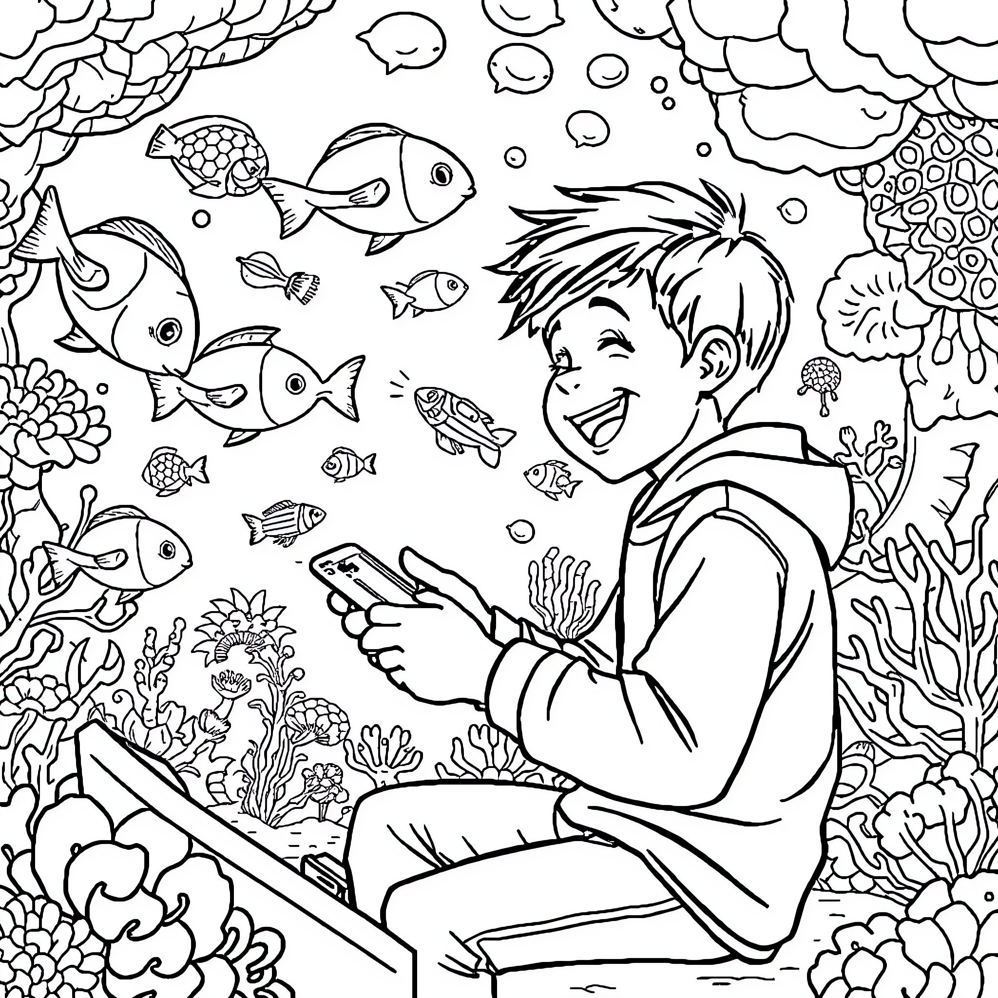 Space Marine Observing and Interacting with Aquatic Life Coloring Page (free black-and-white line drawing printable PDF for all, from beginners to advanced learners, including children, teens, adults, and seniors)