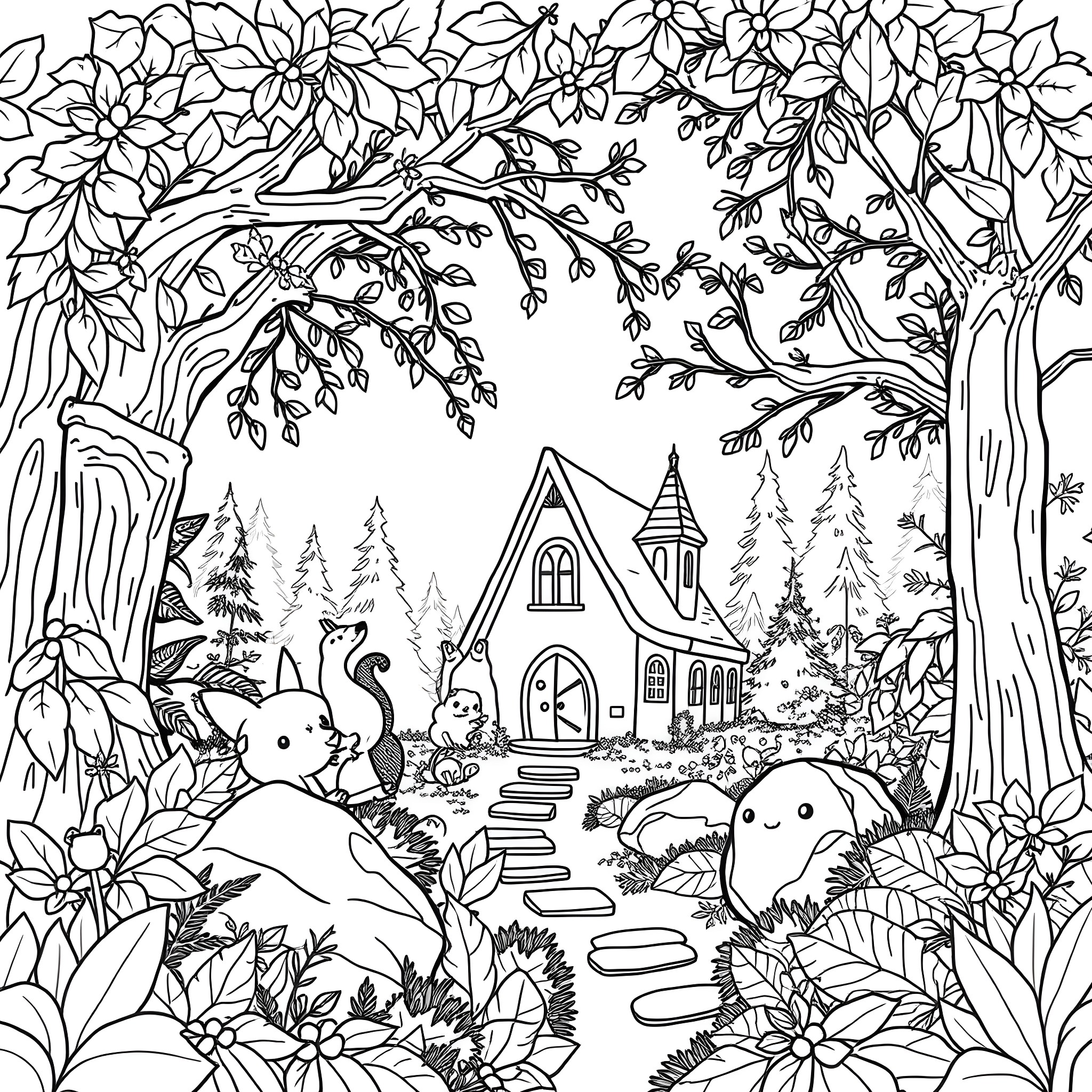 Hazel Dormouse enjoying the tranquil forest scene Coloring Page (free black-and-white line drawing printable PDF for all, from beginners to advanced learners, including children, teens, adults, and seniors)