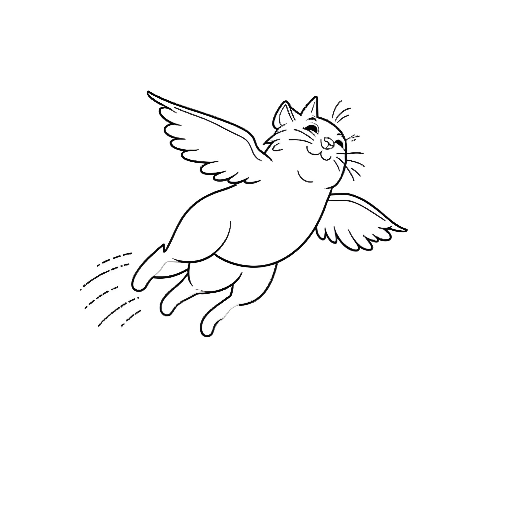 Cat flying with wings in the air Coloring Page (free black-and-white line drawing printable PDF for all, from beginners to advanced learners, including children, teens, adults, and seniors)